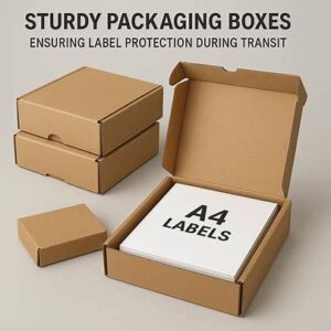 Sturdy packaging boxes containing A4 labels, demonstrating how packaging ensures label protection during transit