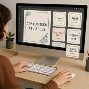 Designer creating customised A4 labels on a computer screen, with various design options visible