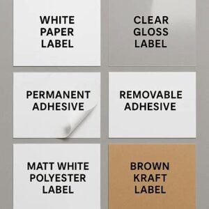 Various A4 label materials and adhesive samples laid out for comparison, showcasing different textures and qualities