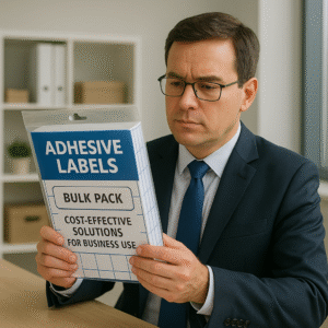 Office manager examining bulk packs of adhesive labels, emphasising cost-effective solutions for business use