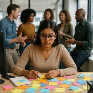 Office worker evaluating different A4 label packs, aiming to find the best fit for business requirements