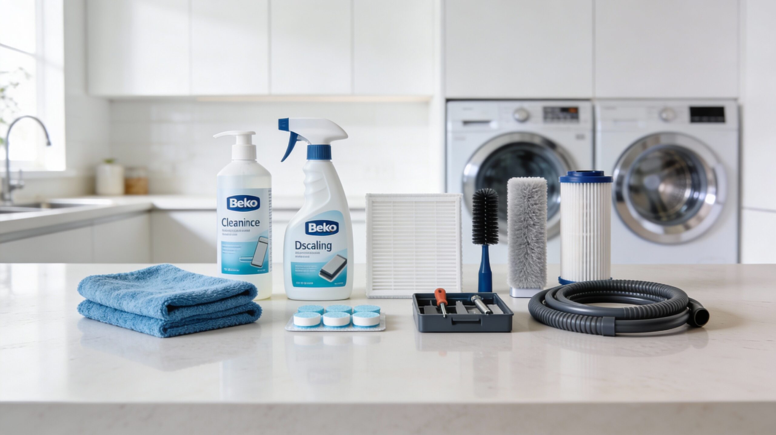 Selection of Beko appliance maintenance accessories arranged on a clean kitchen countertop