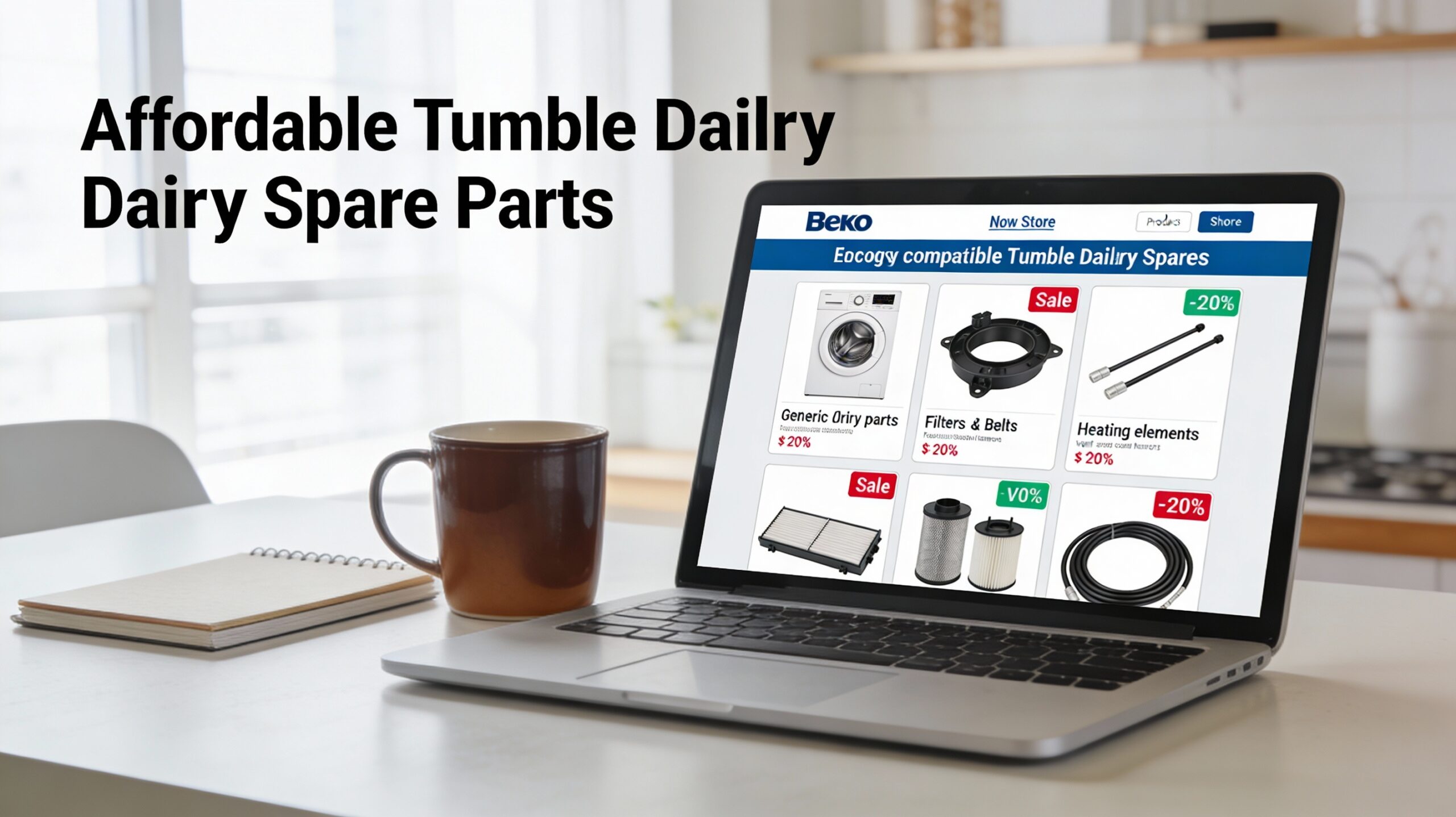 Laptop screen displaying an online store with affordable Beko tumble dryer spares and discounts