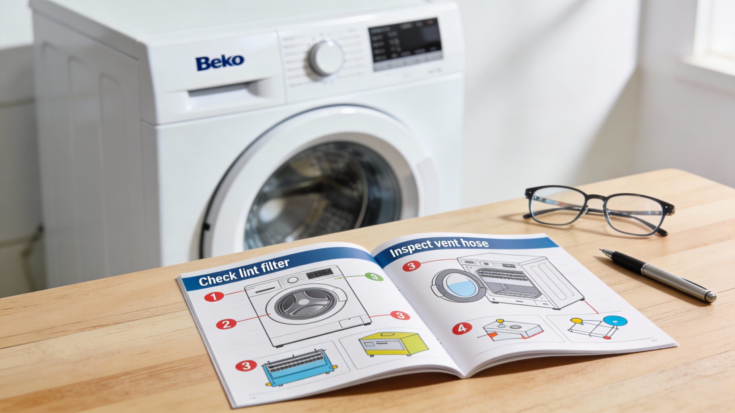 User-friendly guidebook with illustrated troubleshooting tips for Beko tumble dryer issues