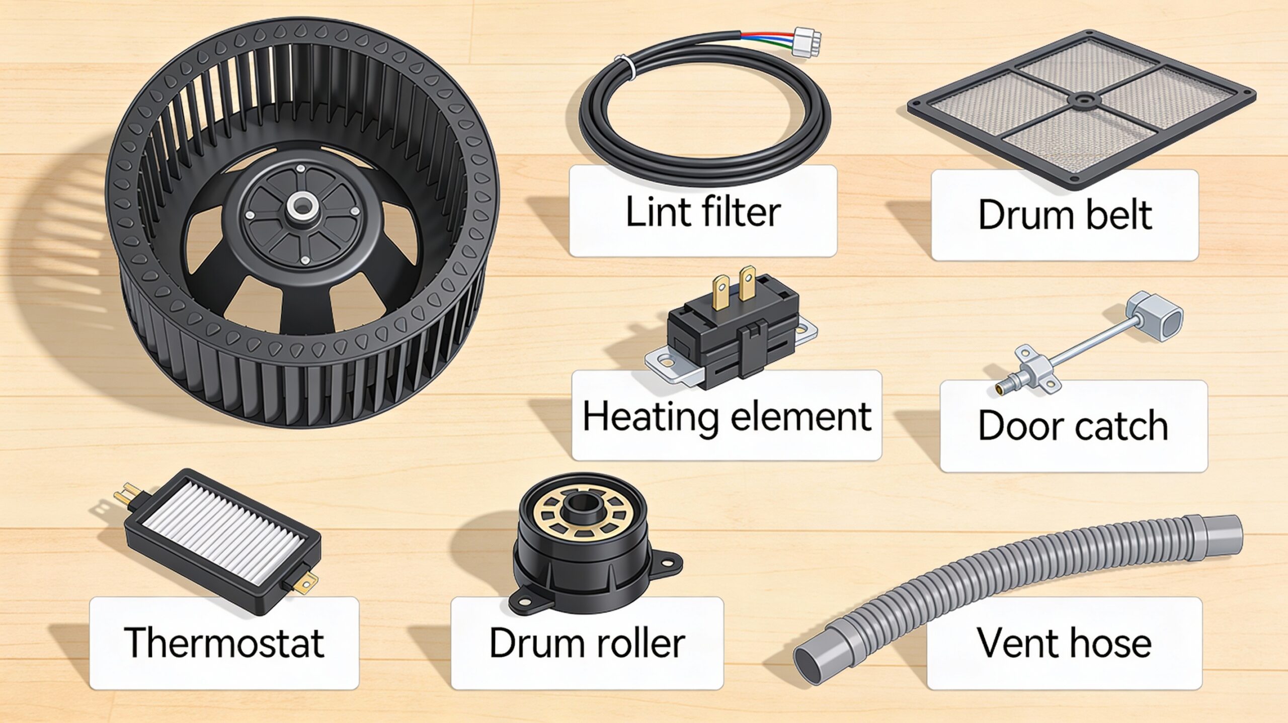 Variety of Beko tumble dryer spares displayed with labels and descriptions for easy selection