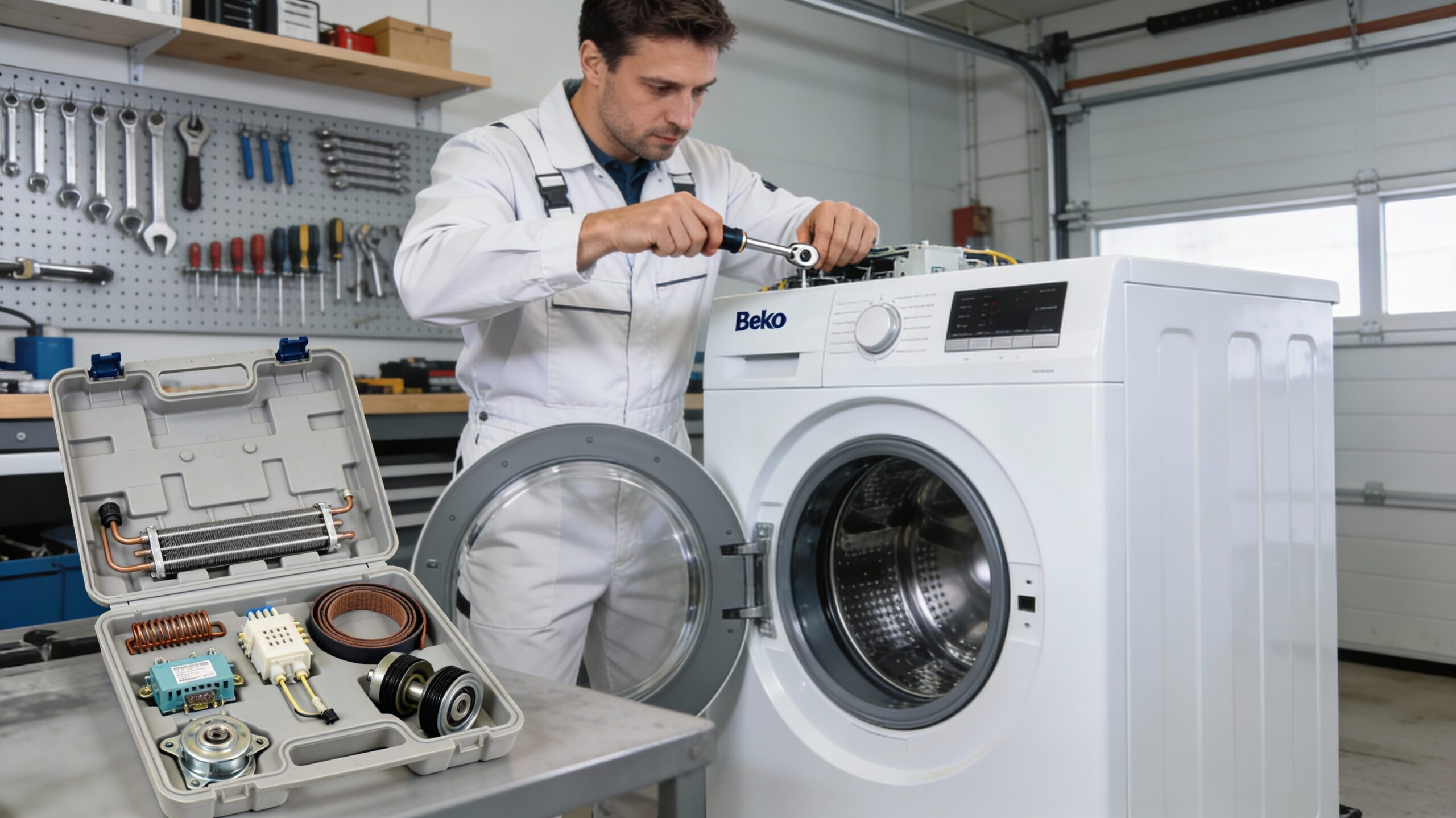 Technician upgrading a Beko tumble dryer with high-quality spare parts in a well-organised garage