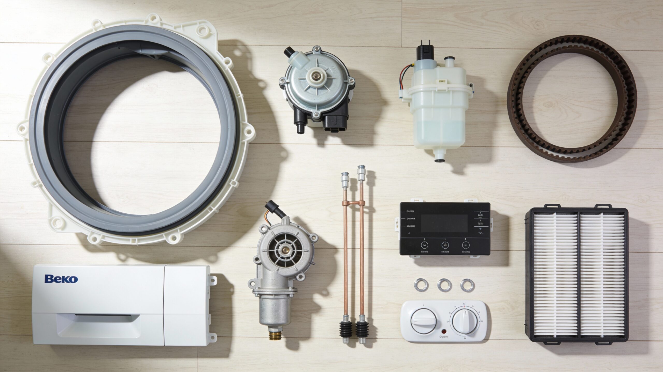 Collection of essential Beko washing machine parts neatly arranged on a wooden surface