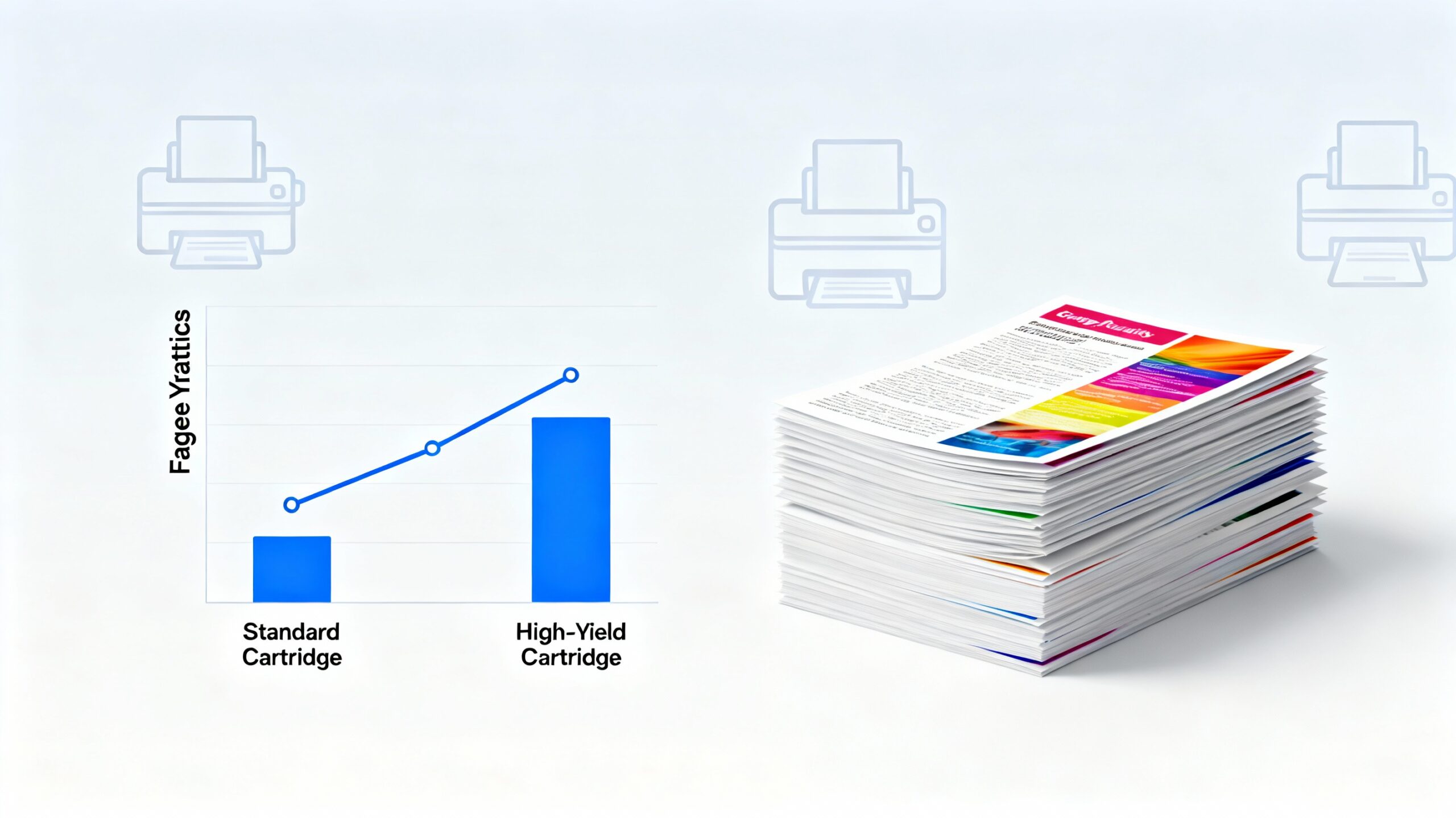 A graph depicting toner page yield statistics, alongside high-quality printed pages to demonstrate performance.