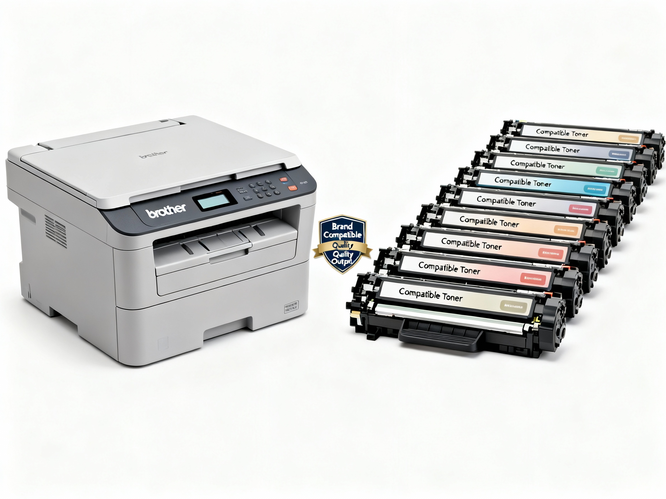 A Brother printer alongside a selection of compatible toner cartridges, emphasising brand compatibility and quality.