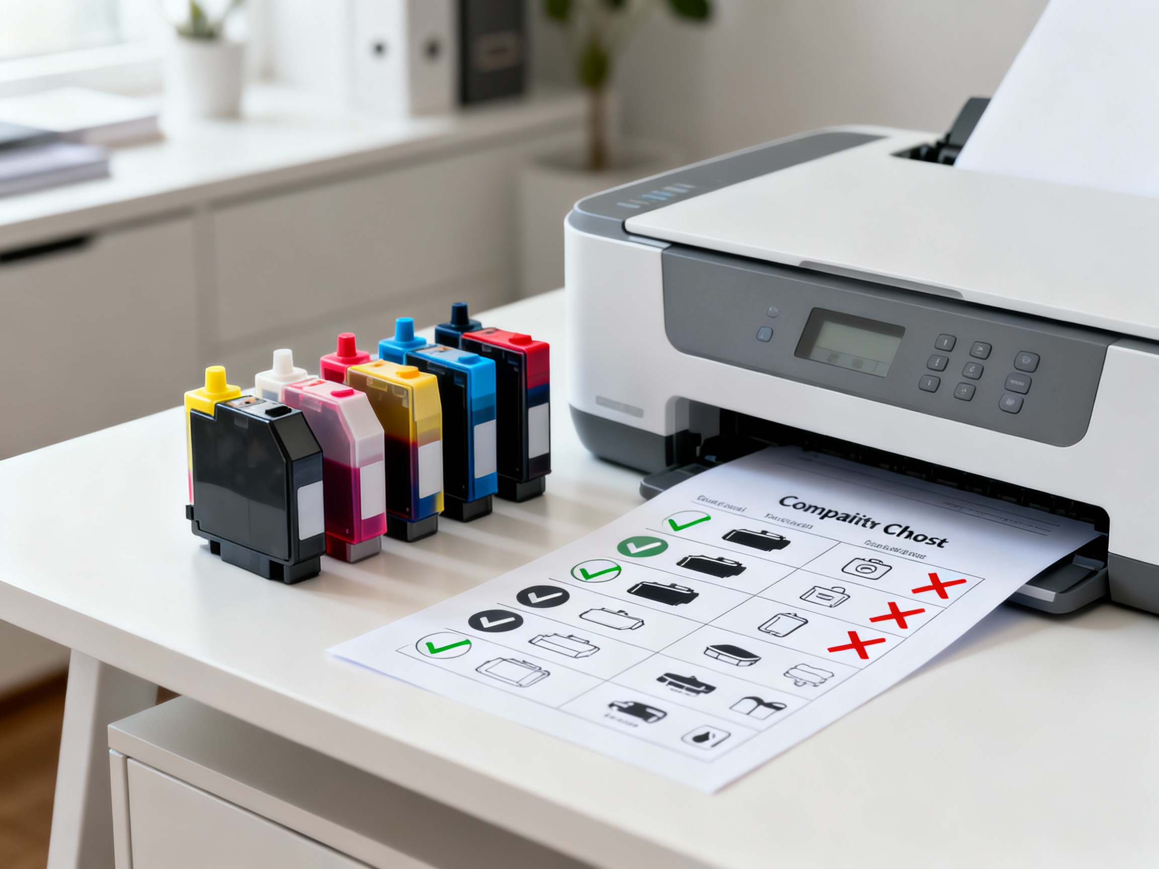 A printer setup with a compatibility checklist and various cartridge brands, illustrating the need for matched components.