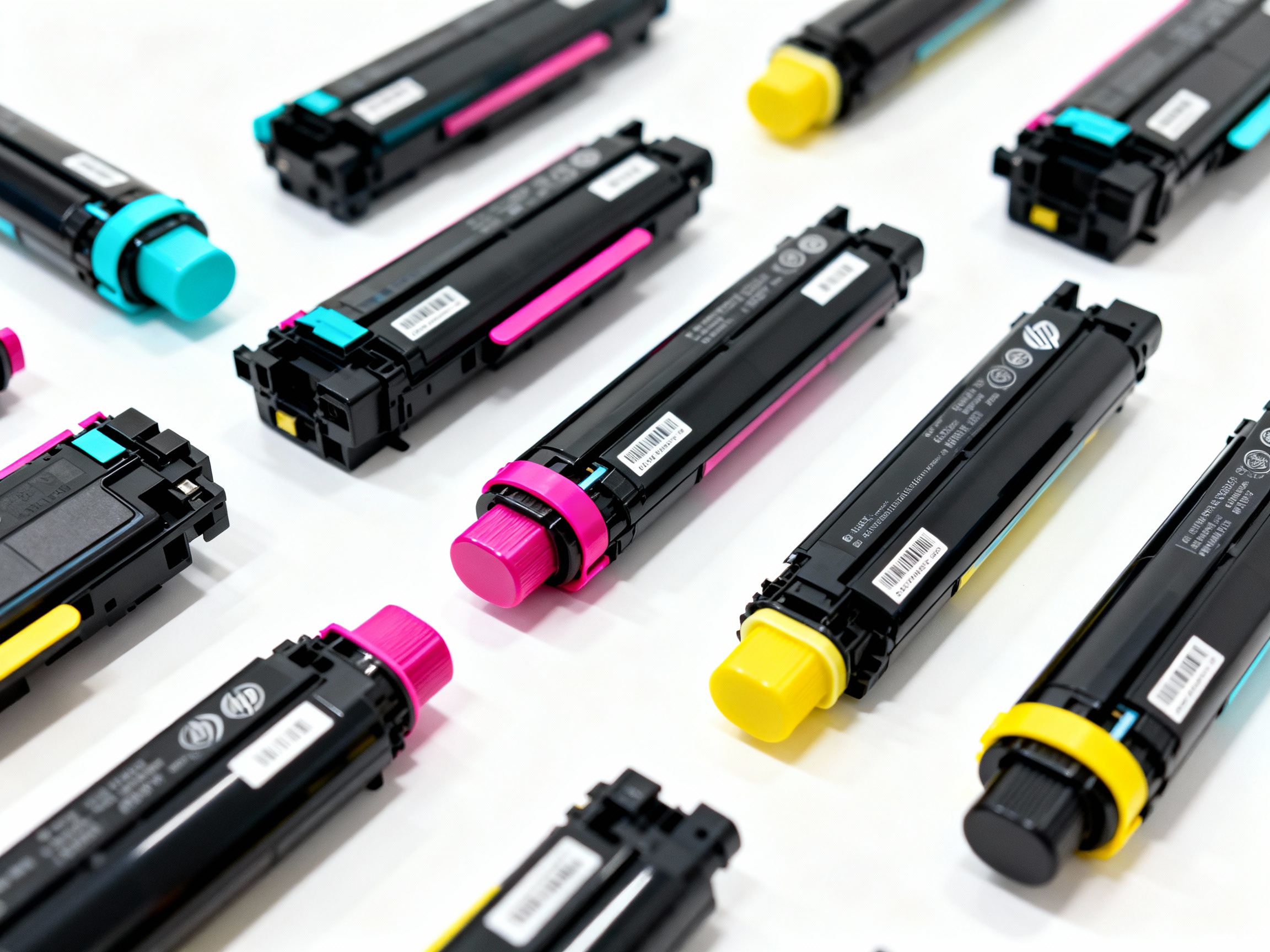 An array of HP toner cartridges neatly displayed on a table, showcasing vibrant colours and various sizes.