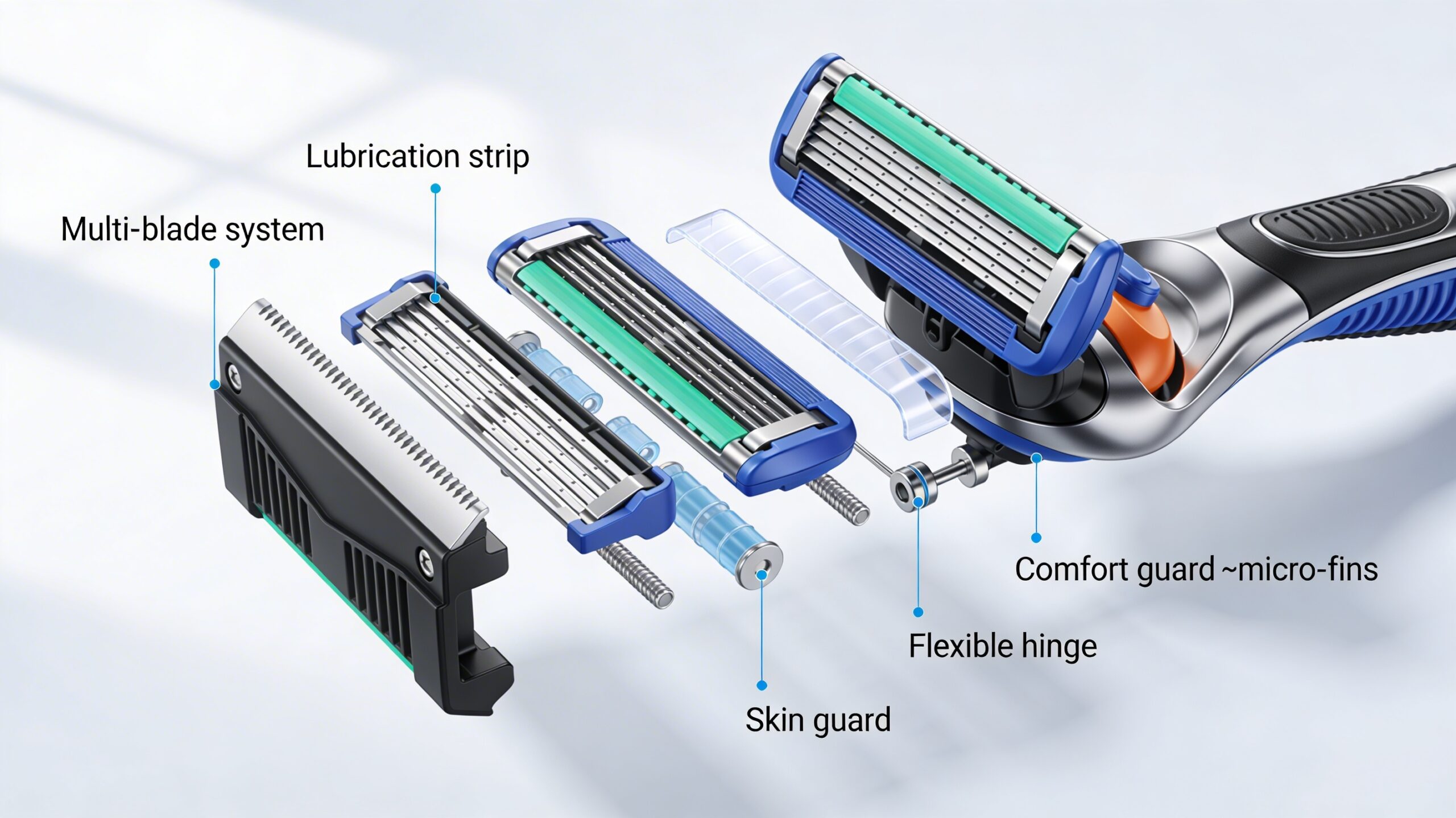 An exploded view of a Gillette razor blade, revealing its often overlooked advanced features and technology.