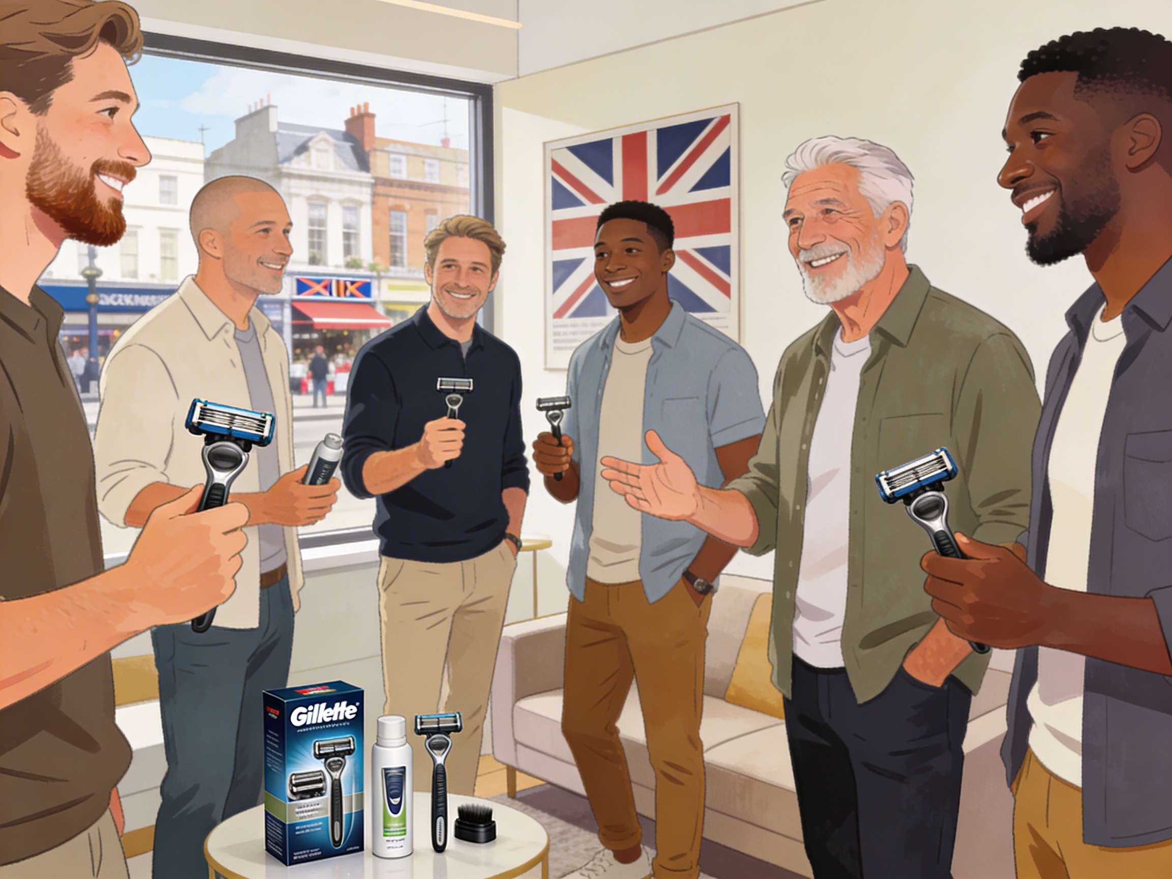A group of diverse men in the UK sharing their experiences with Gillette razor blades, each expressing satisfaction.