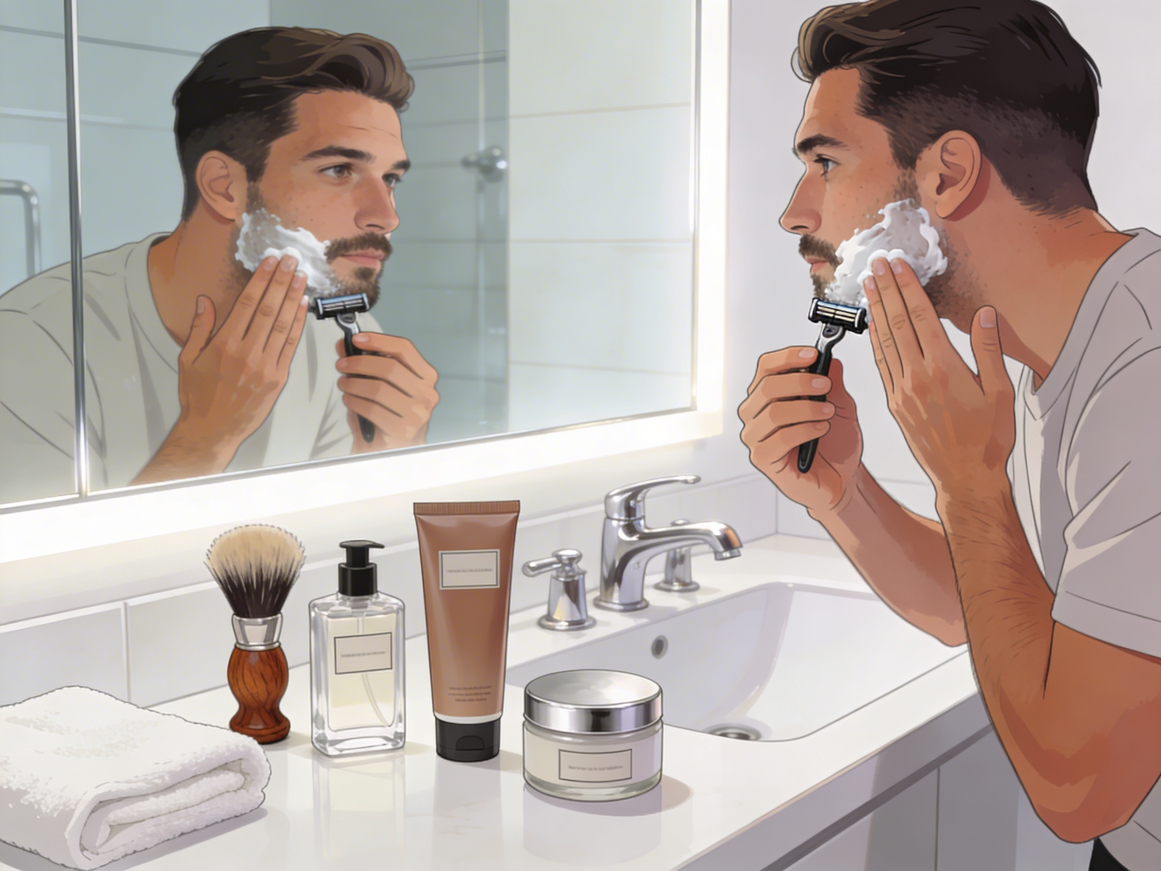 A well-groomed man using Gillette products, surrounded by grooming accessories in a modern bathroom setting.