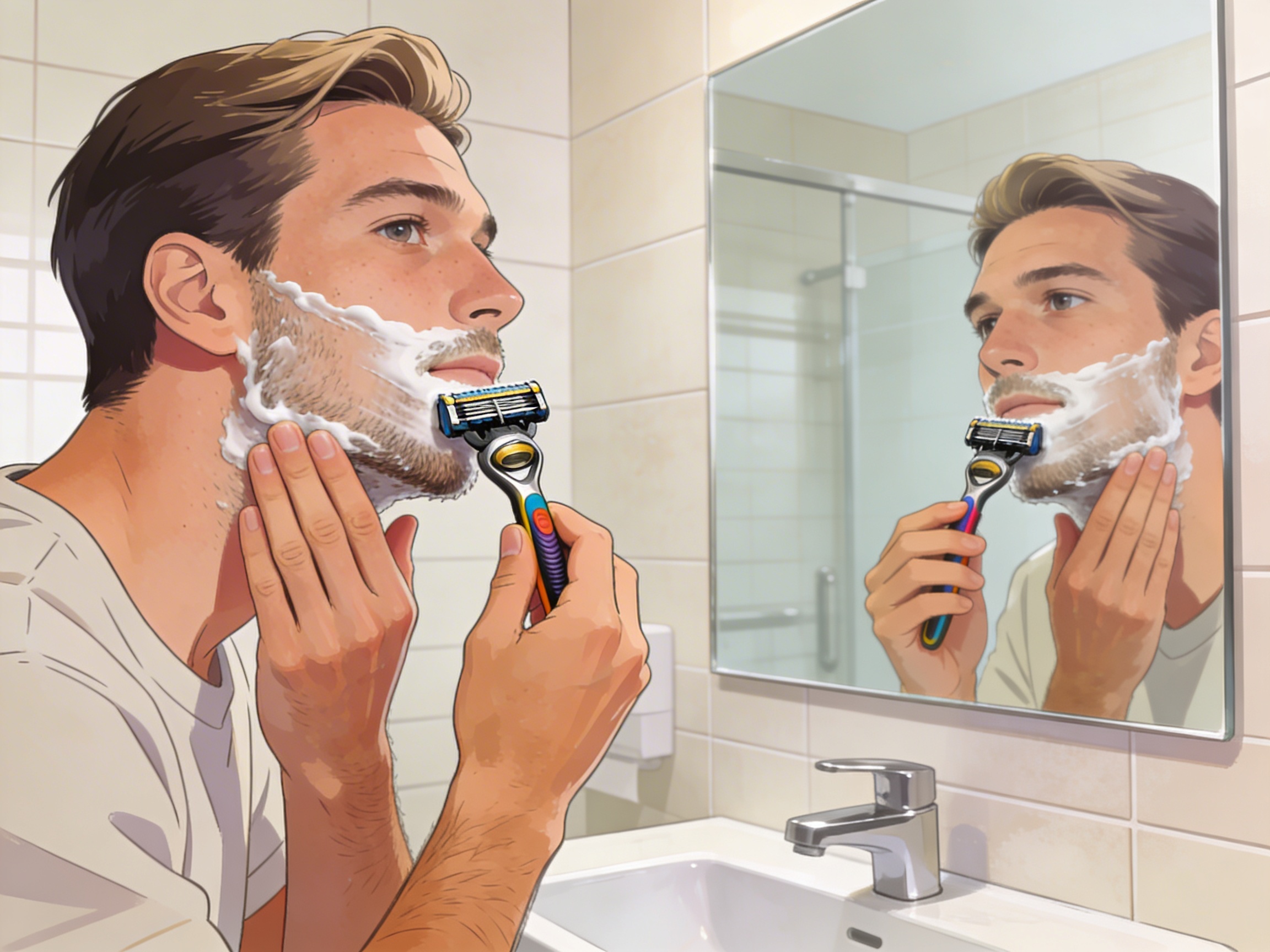 A man demonstrating optimal shaving techniques using a Gillette razor in front of a bathroom mirror.