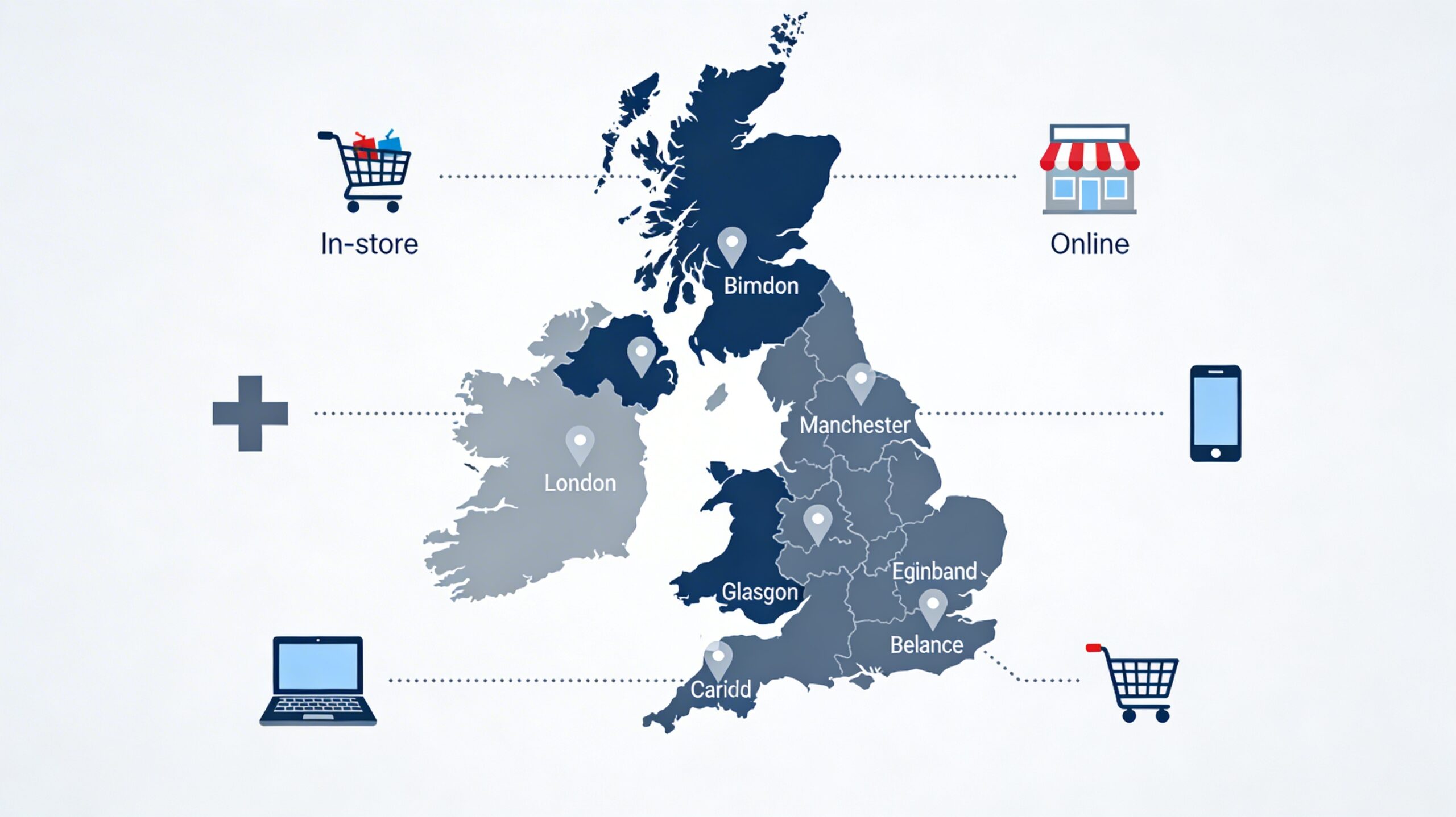 A map of the UK marked with popular retail locations and online platforms for purchasing Gillette razor blades.