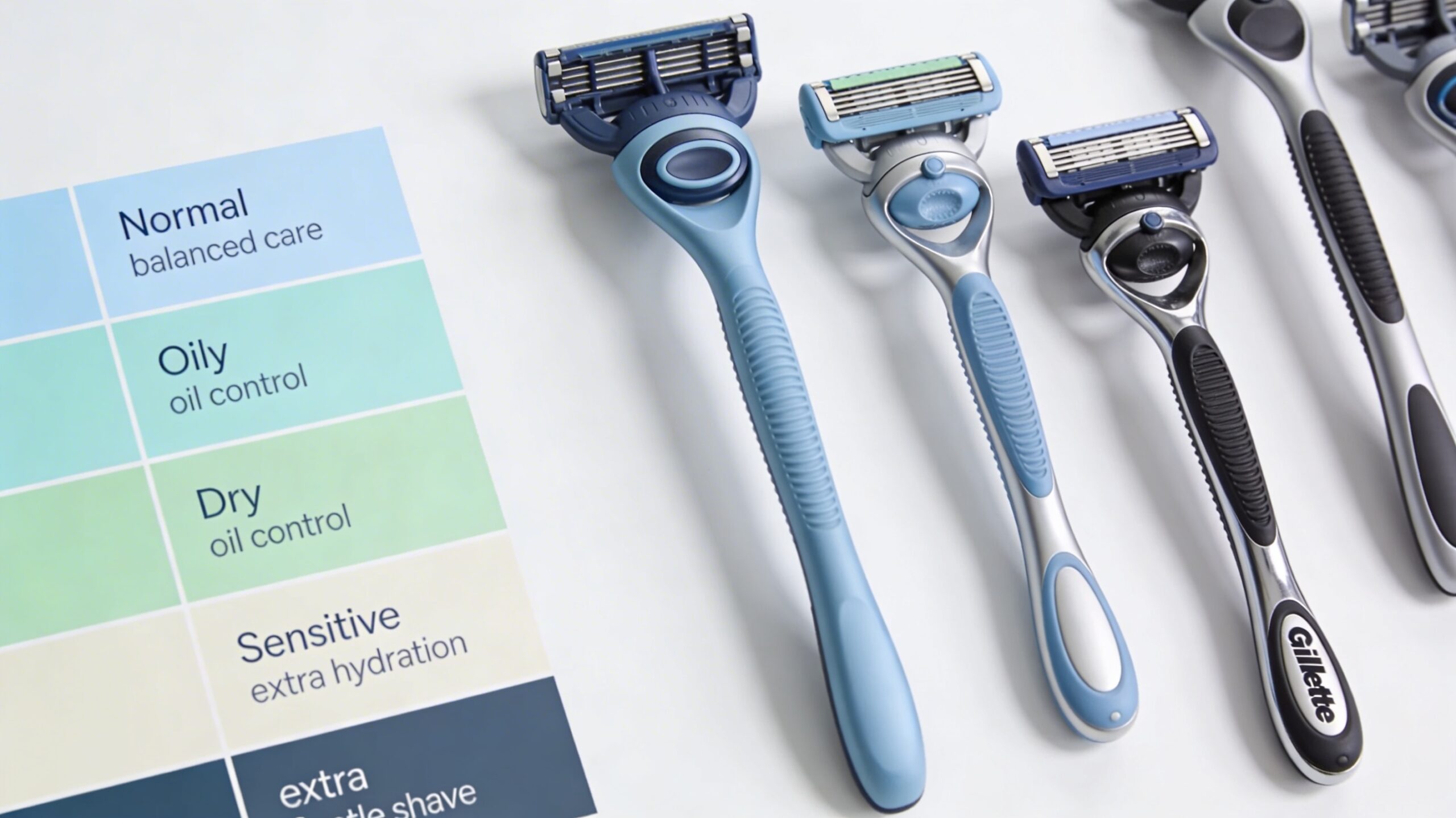 A skincare chart next to various Gillette razors, guiding users on selecting the best option for their skin type.