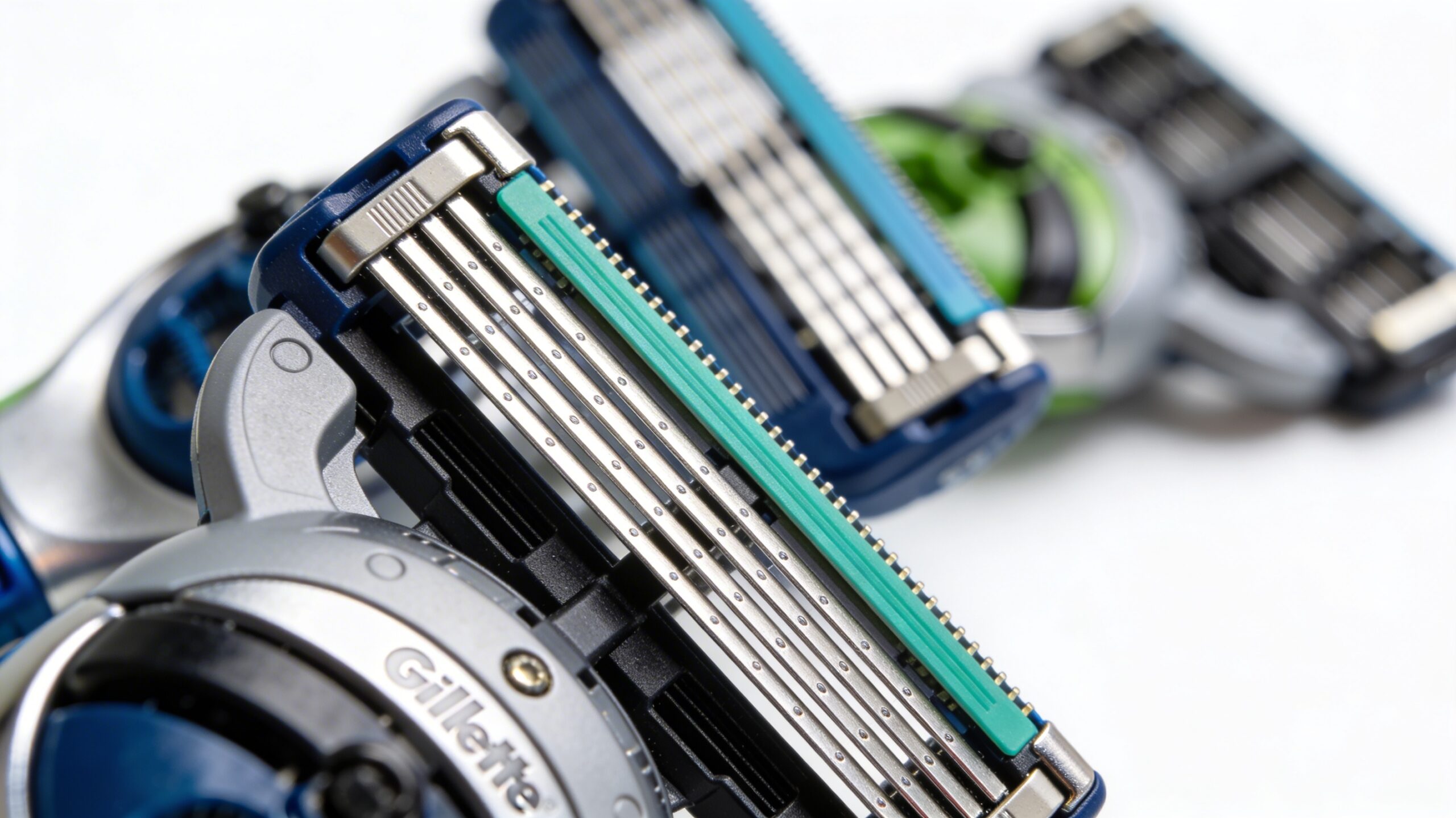 Close-up of Gillette razor blades highlighting their smooth edges and innovative design features.