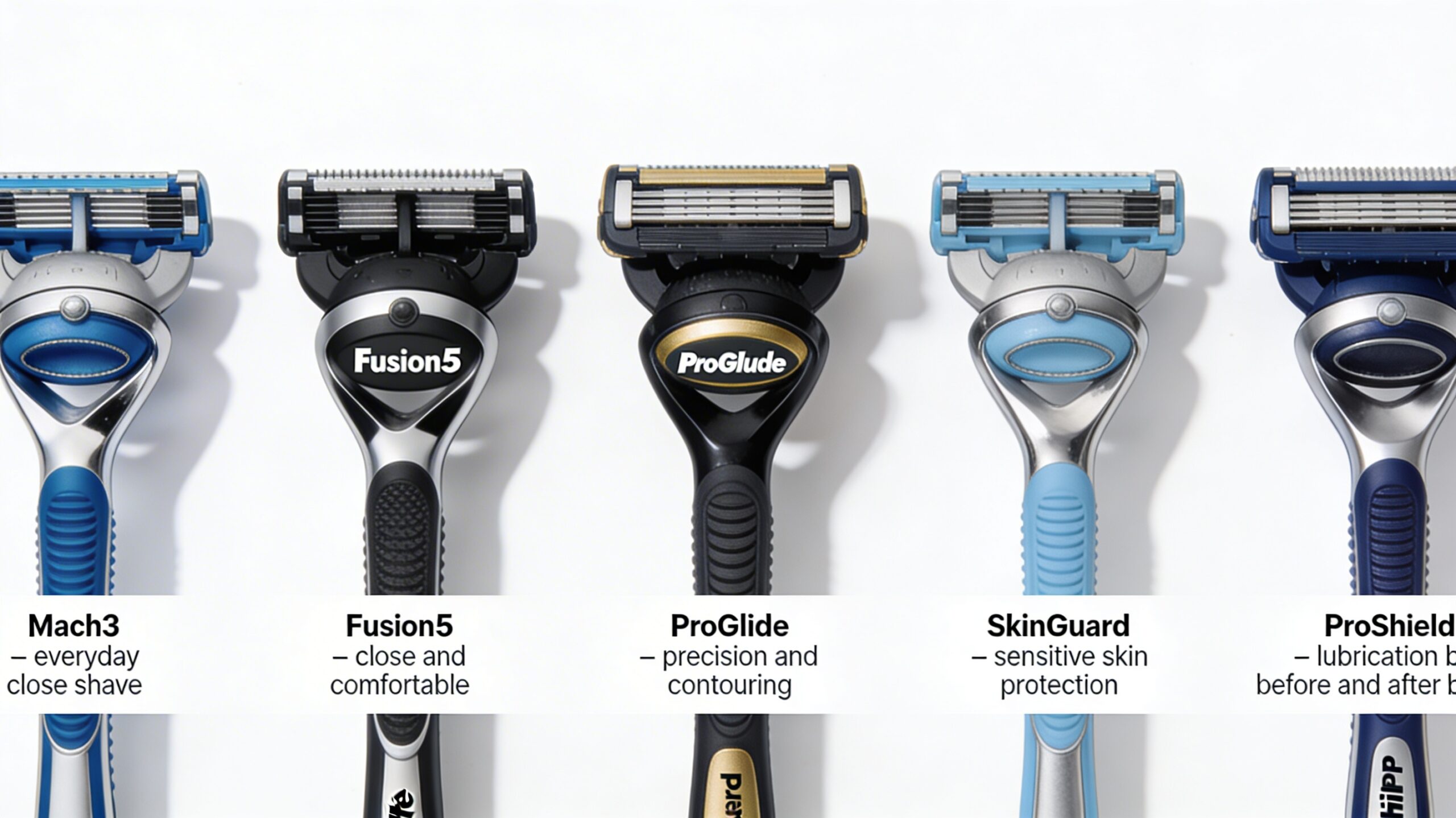 A lineup of different Gillette razor blades, each labelled with its unique features and intended use.