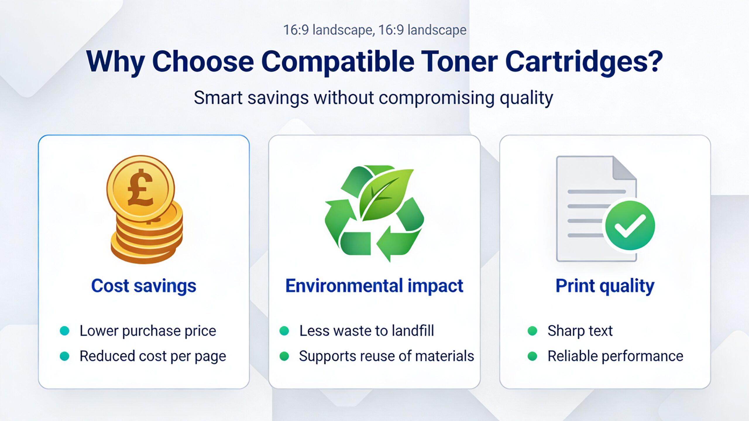 Infographic outlining the benefits of using compatible toner cartridges, including cost savings, environmental impact, and print quality.