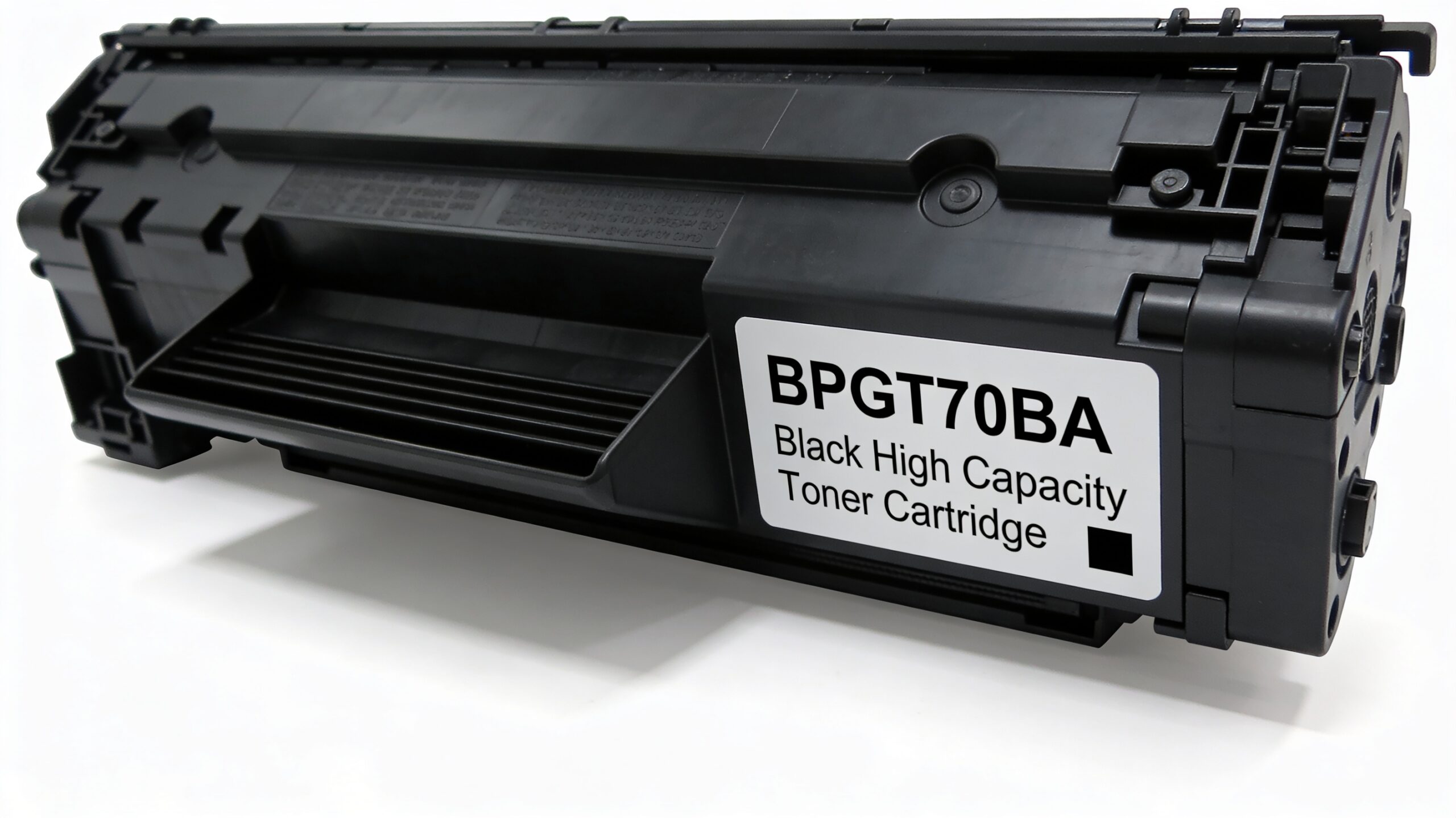 Close-up of the BPGT70BA black high capacity toner cartridge, featuring its design and labelling for easy identification.
