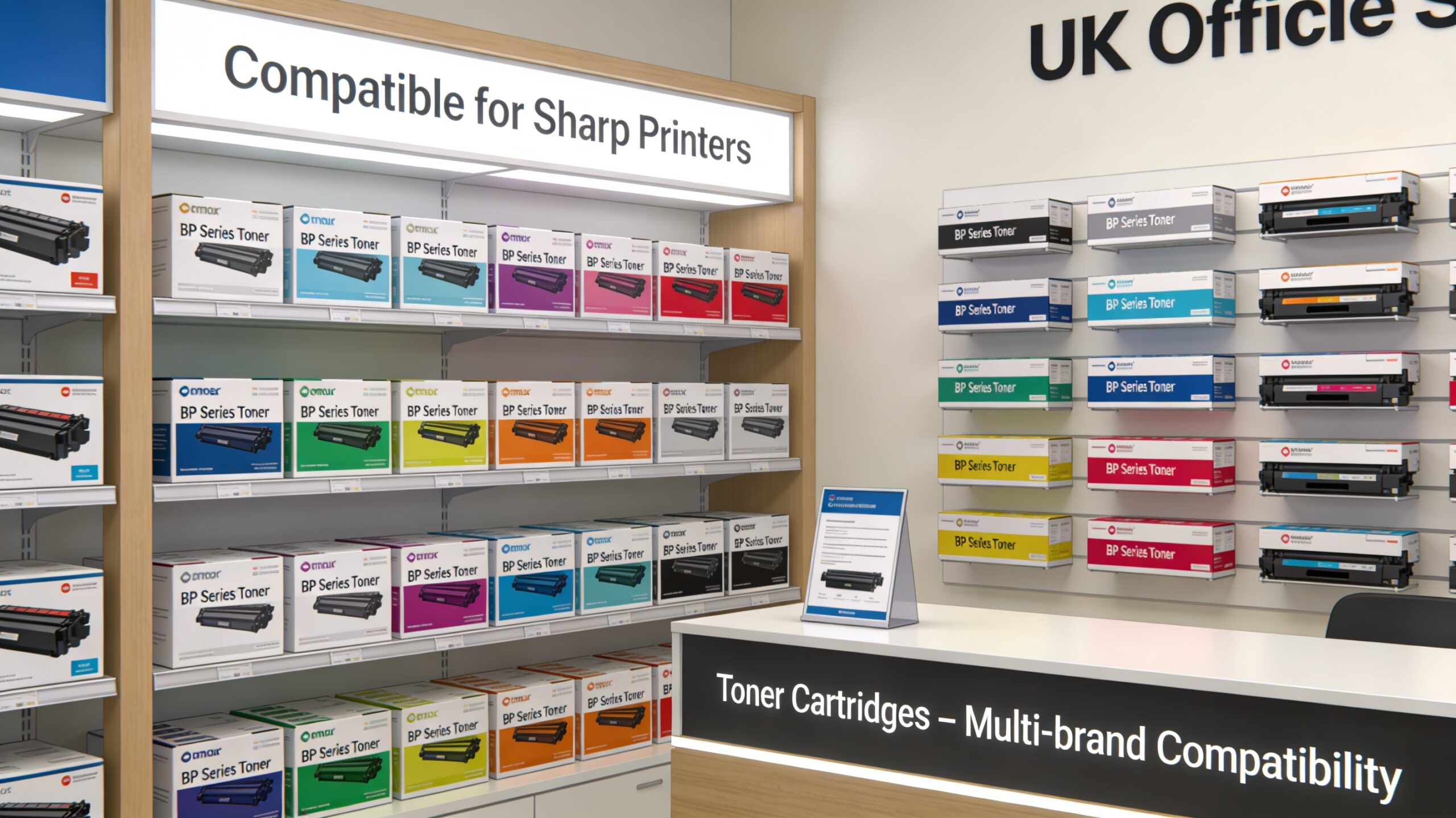 A storefront displaying various toner cartridges, highlighting popular brands and compatibility for Sharp printers in the UK.