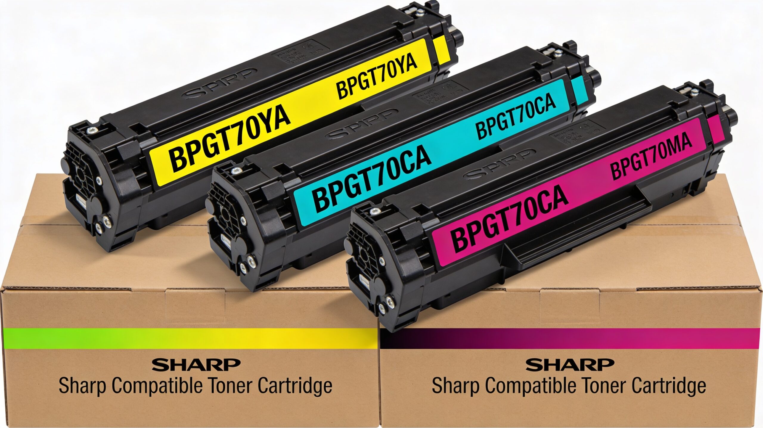 Group of BPGT70YA, BPGT70CA, and BPGT70MA cartridges, showcasing their colour variety and packaging for Sharp printers.