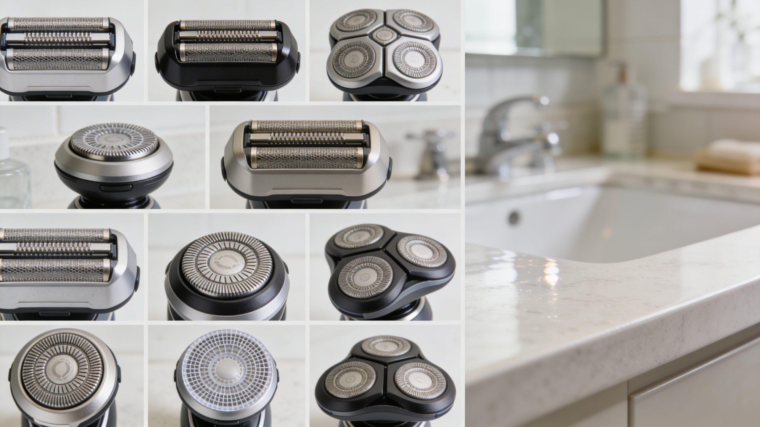 Selection of various shaver heads, including foil and rotary types, displayed on a countertop