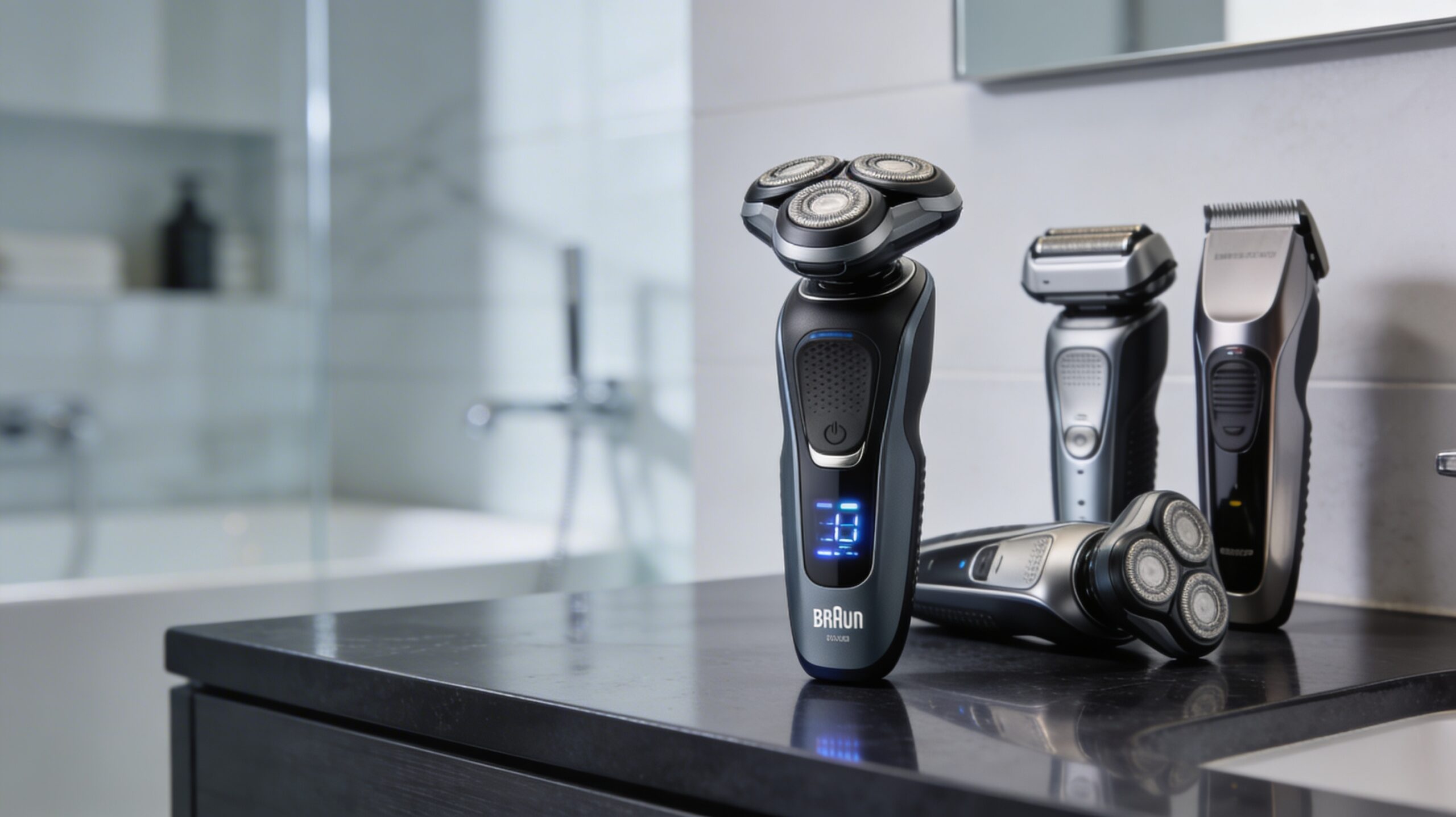 Display of top shaving brands, including Braun, showcasing their latest shaver models and features