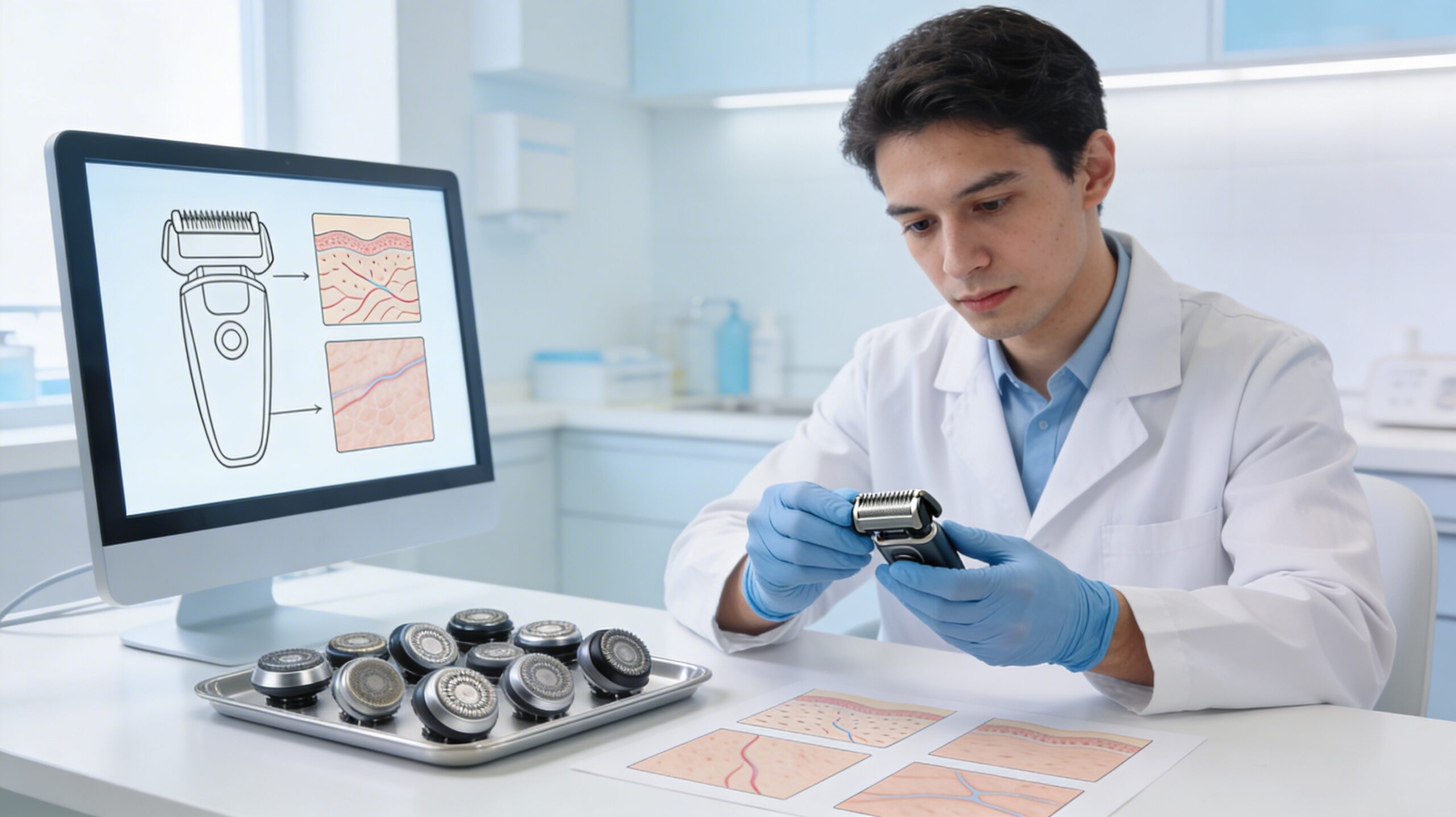 Dermatologist examining different shaver heads to recommend the best option for sensitive skin