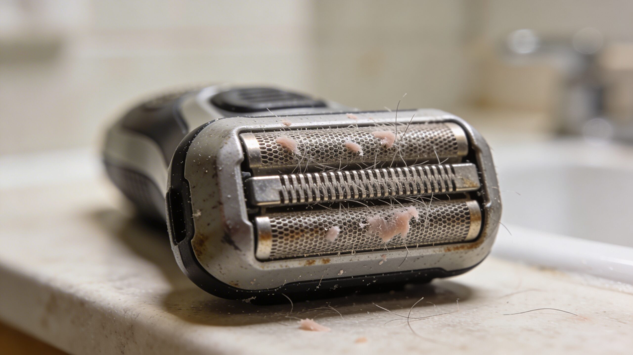Worn-out shaver head with visible dull blades and accumulated debris