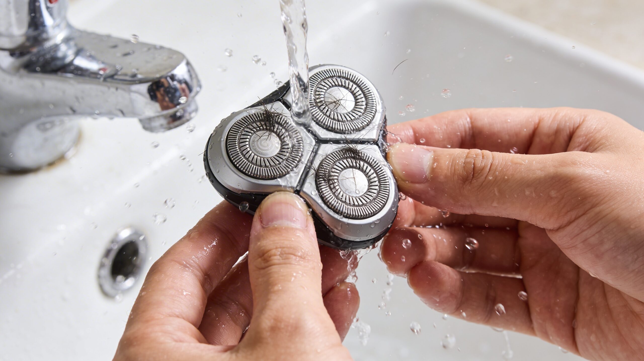 Hands cleaning a shaver head under running water to ensure longevity and performance