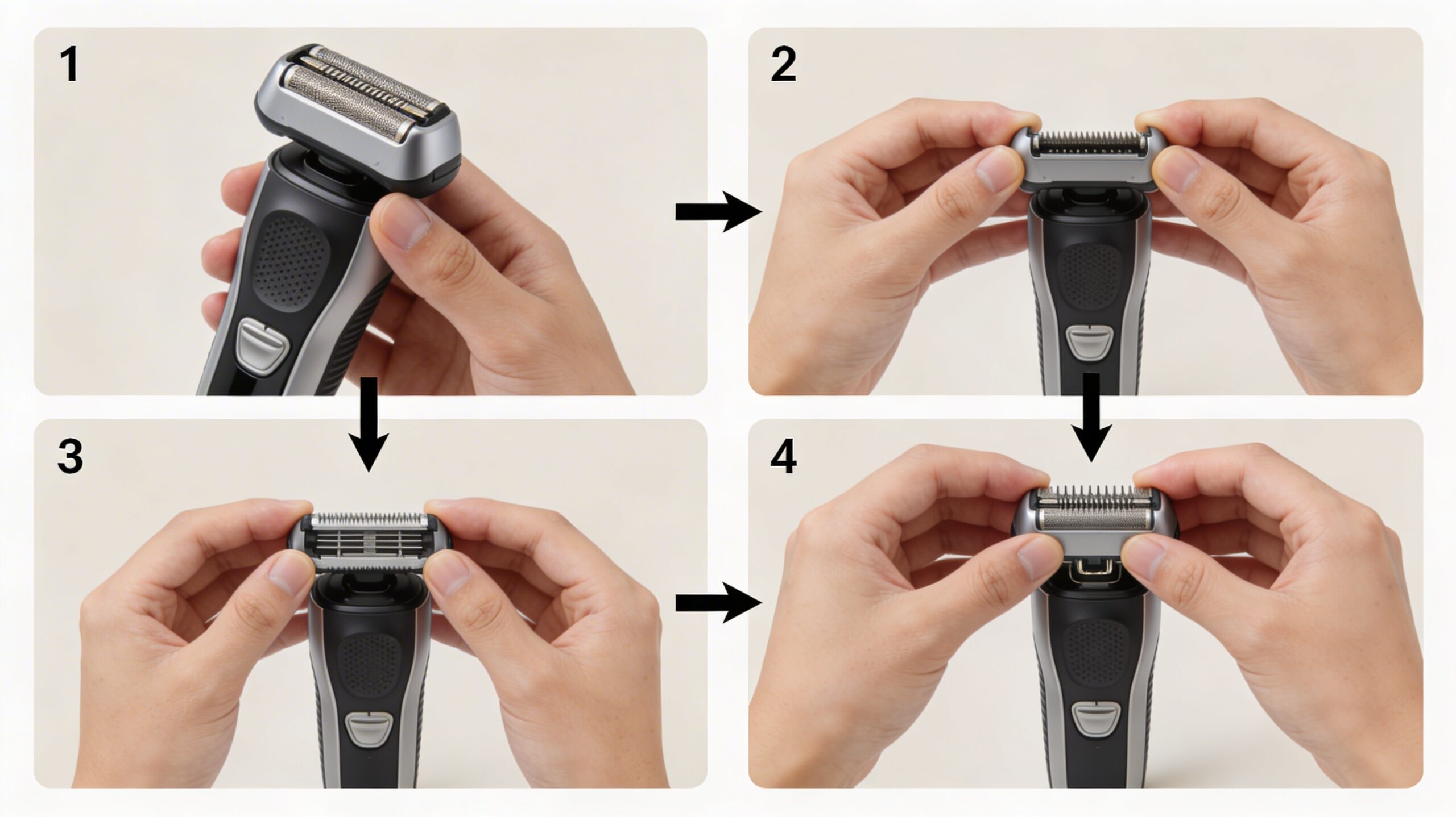 Step-by-step guide showing hands attaching a new shaver head to an electric razor