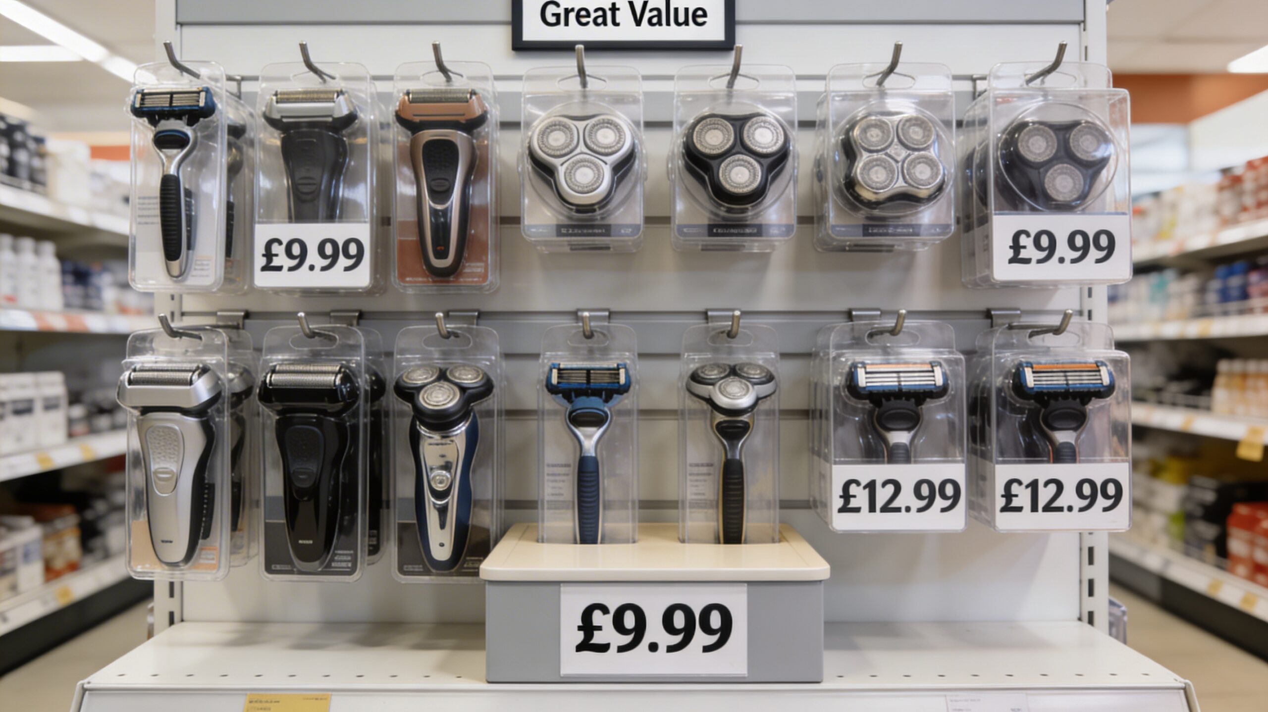 Variety of affordable shaver heads displayed with price tags in a retail setting