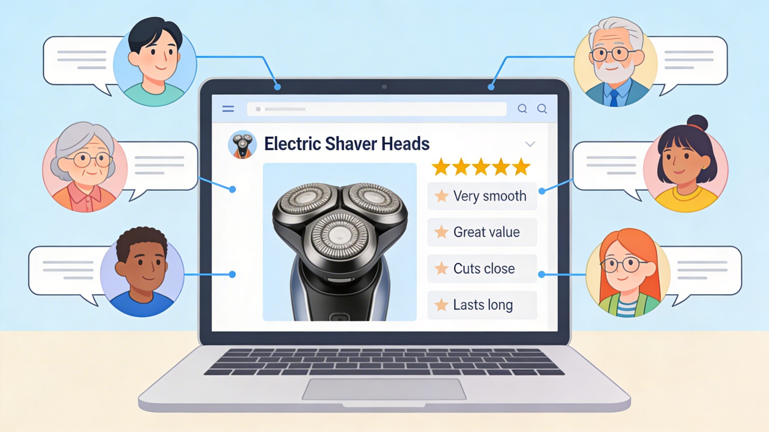 Diverse group of people sharing opinions and ratings on shaver heads in an online forum