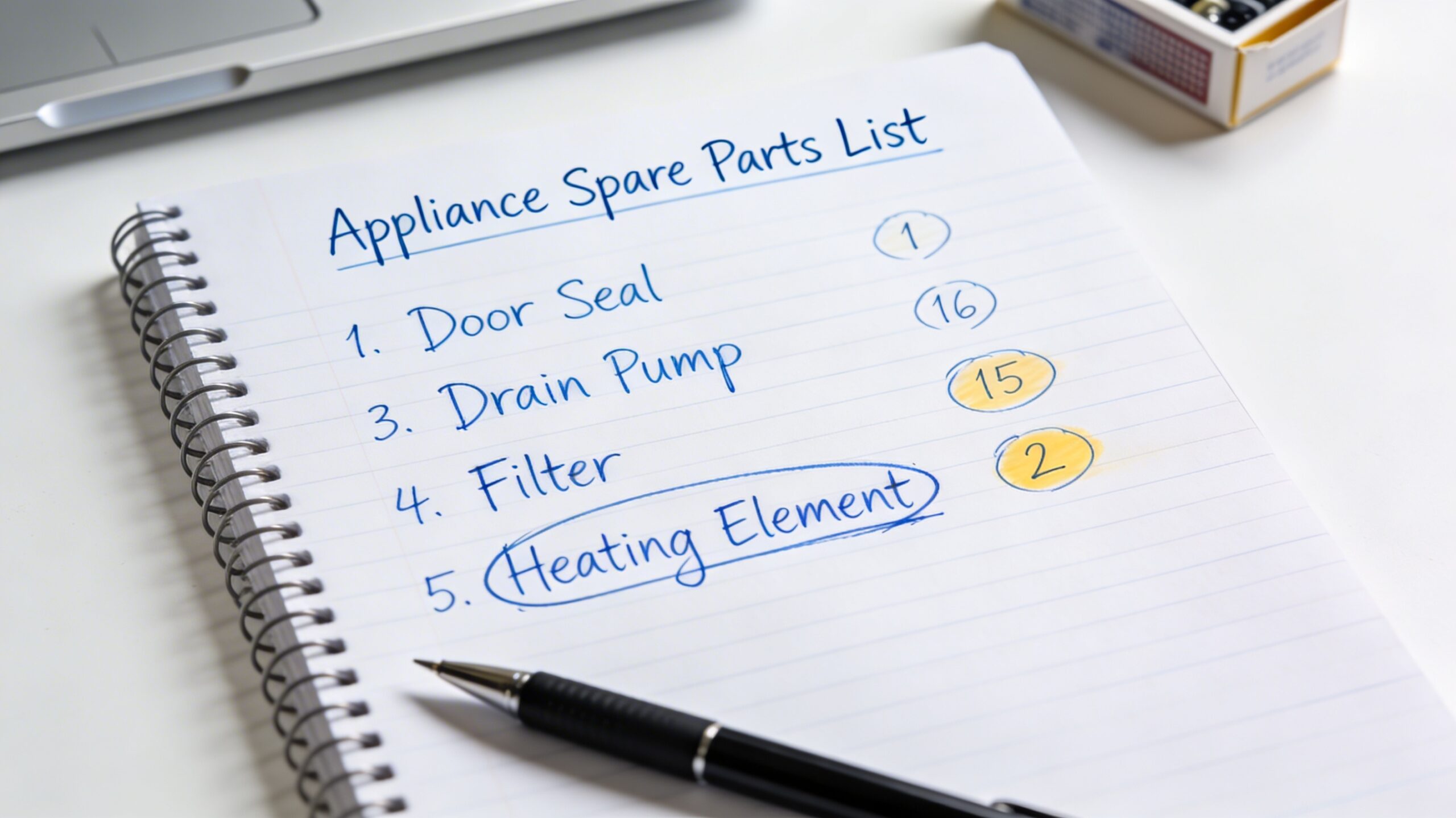Organised notebook with handwritten notes and part numbers listed for easy reference