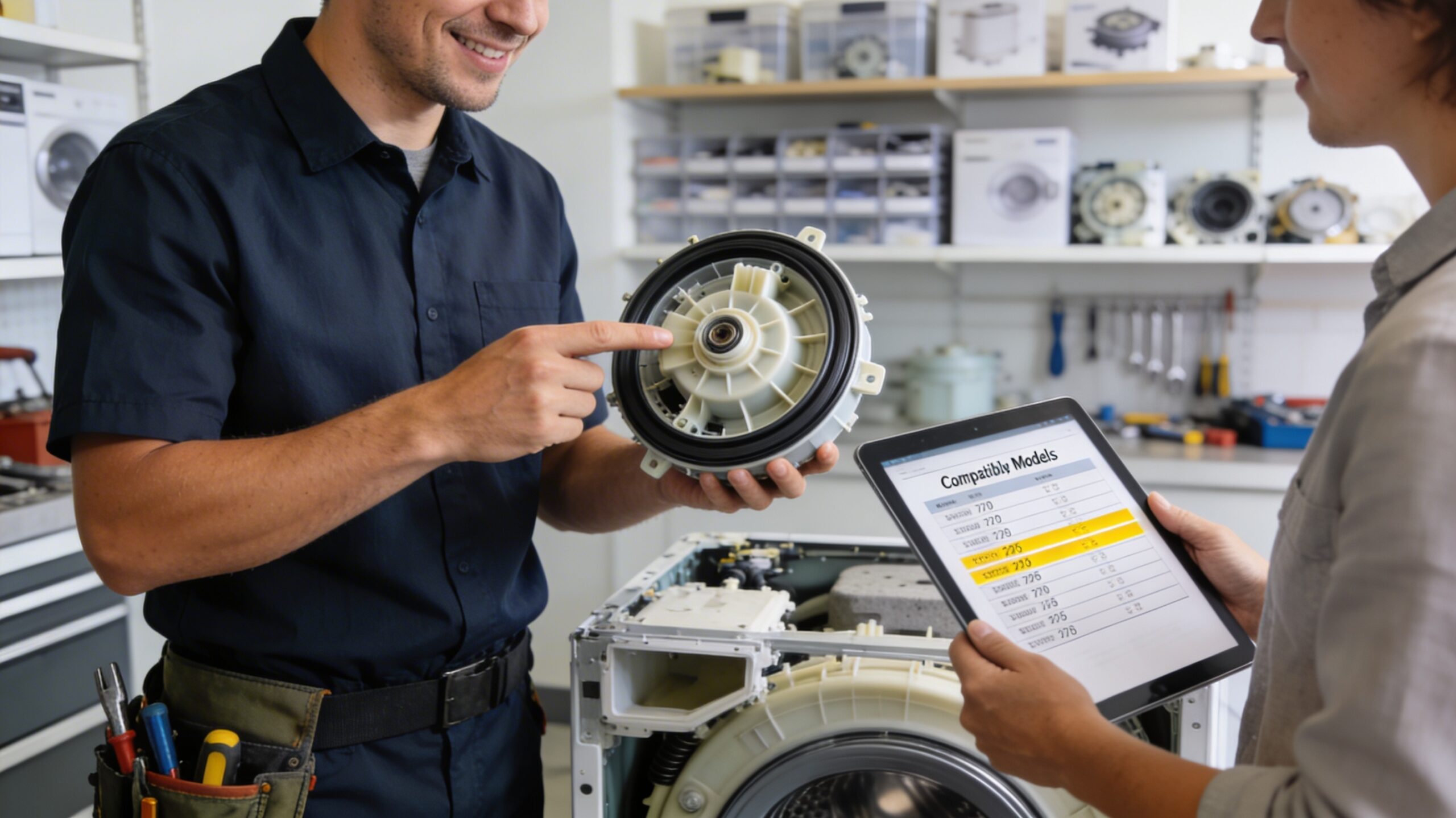 Consultation with a technician pointing at a part while discussing compatibility
