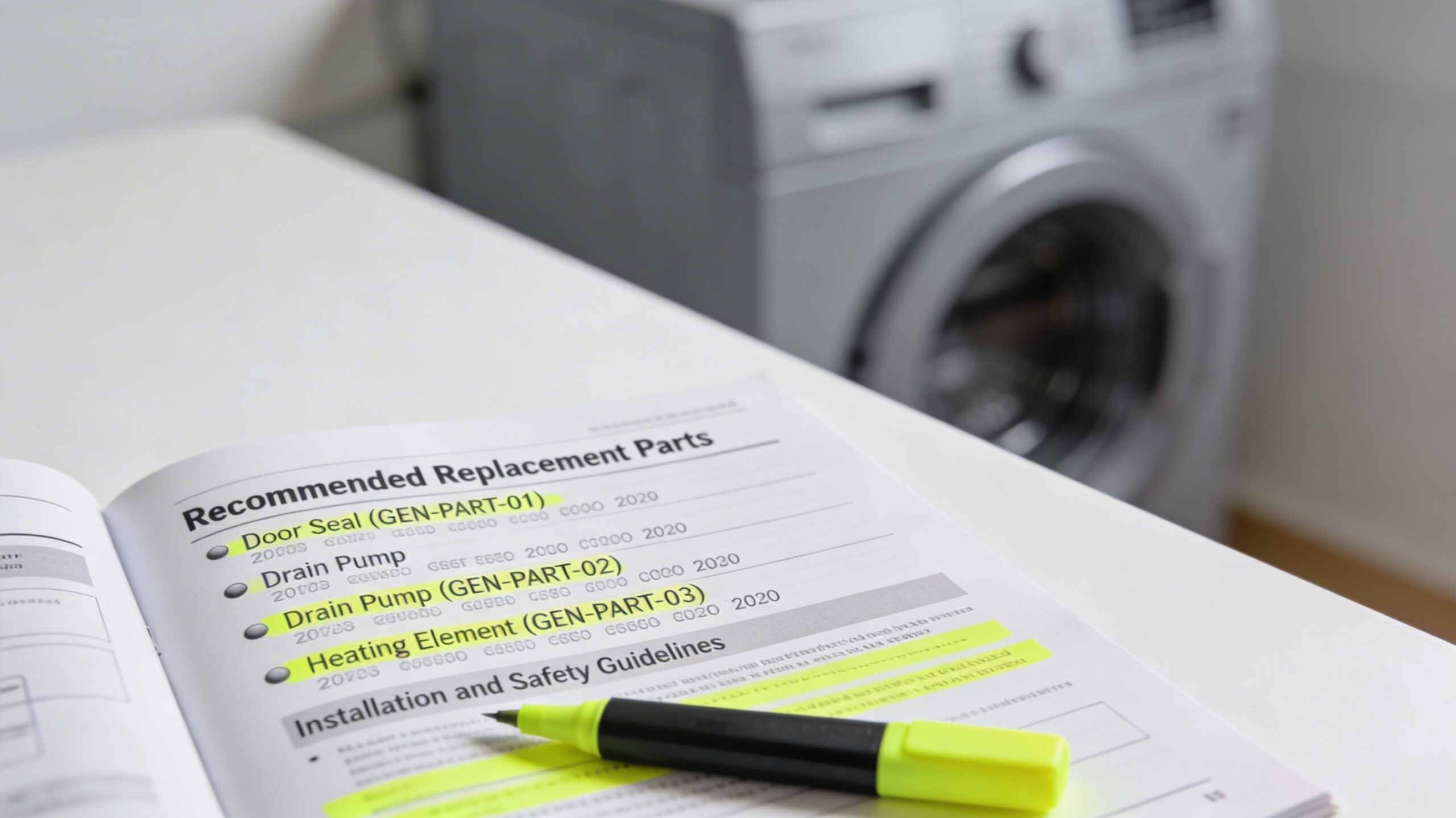 User manual open to a page with recommended parts and guidelines highlighted