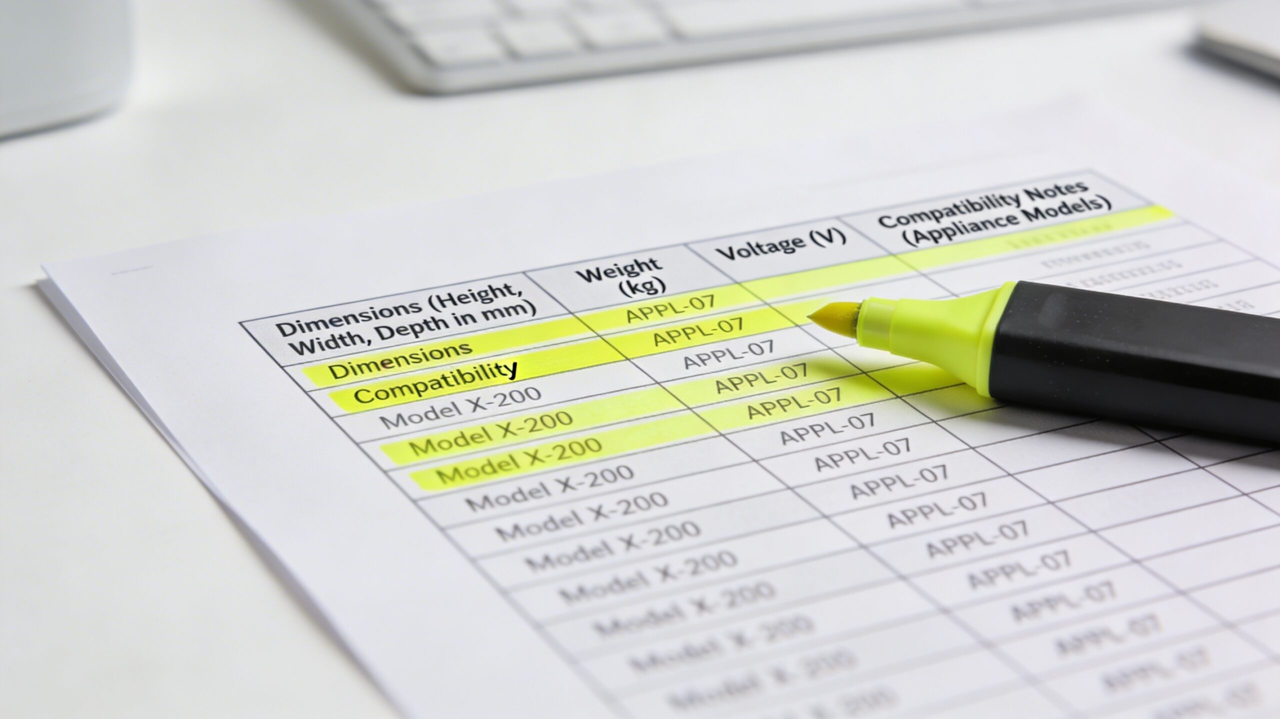 Close-up of a technical datasheet with highlighted specifications like dimensions and compatibility