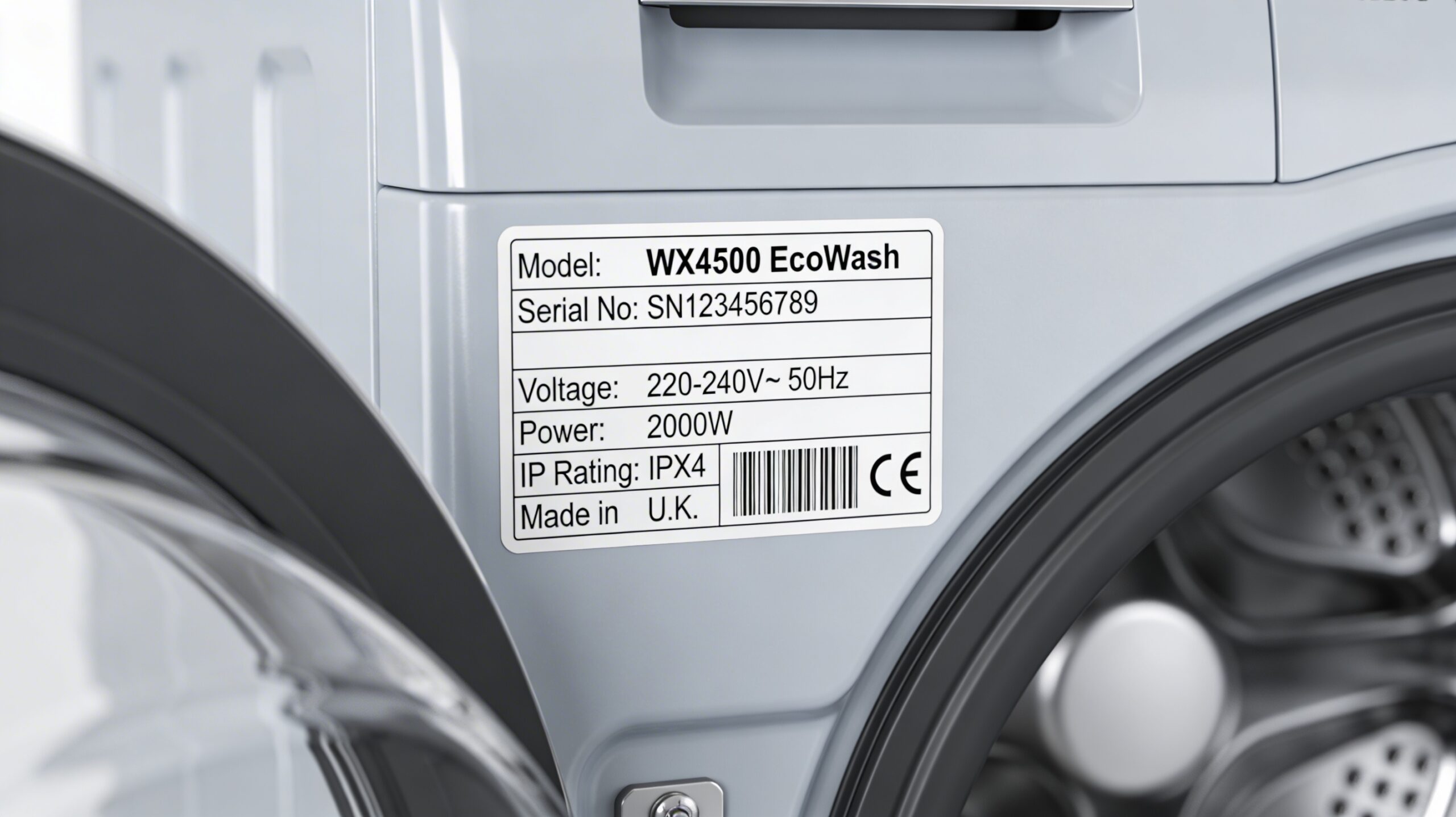 Appliance label displaying the model number, serial number, and other essential details