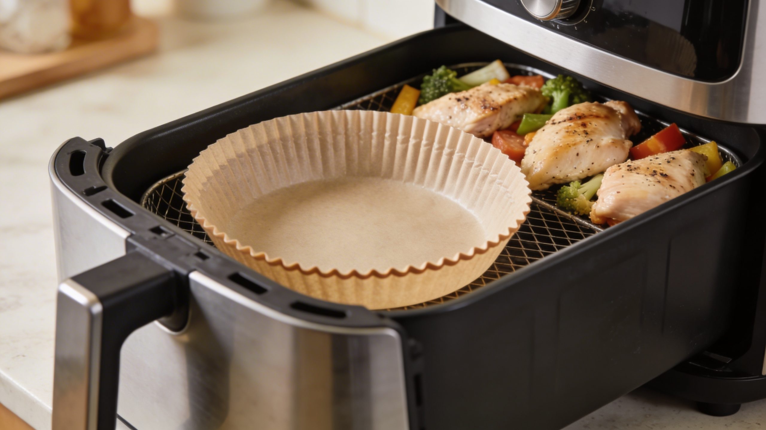 Reusable air fryer liner placed in the basket, ready to catch drips and crumbs, promoting healthier cooking