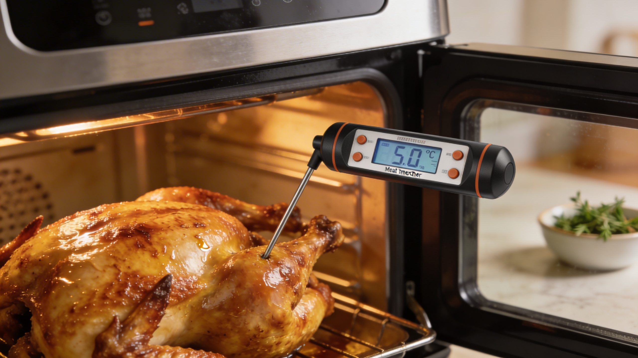 Digital meat thermometer inserted into a roast chicken in an air fryer, displaying perfect cooking temperature