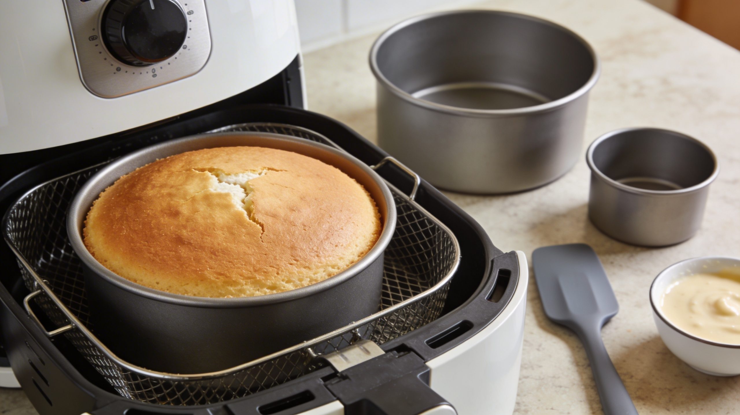 Set of cake barrels designed for air fryers, showcasing a freshly baked cake with a golden crust