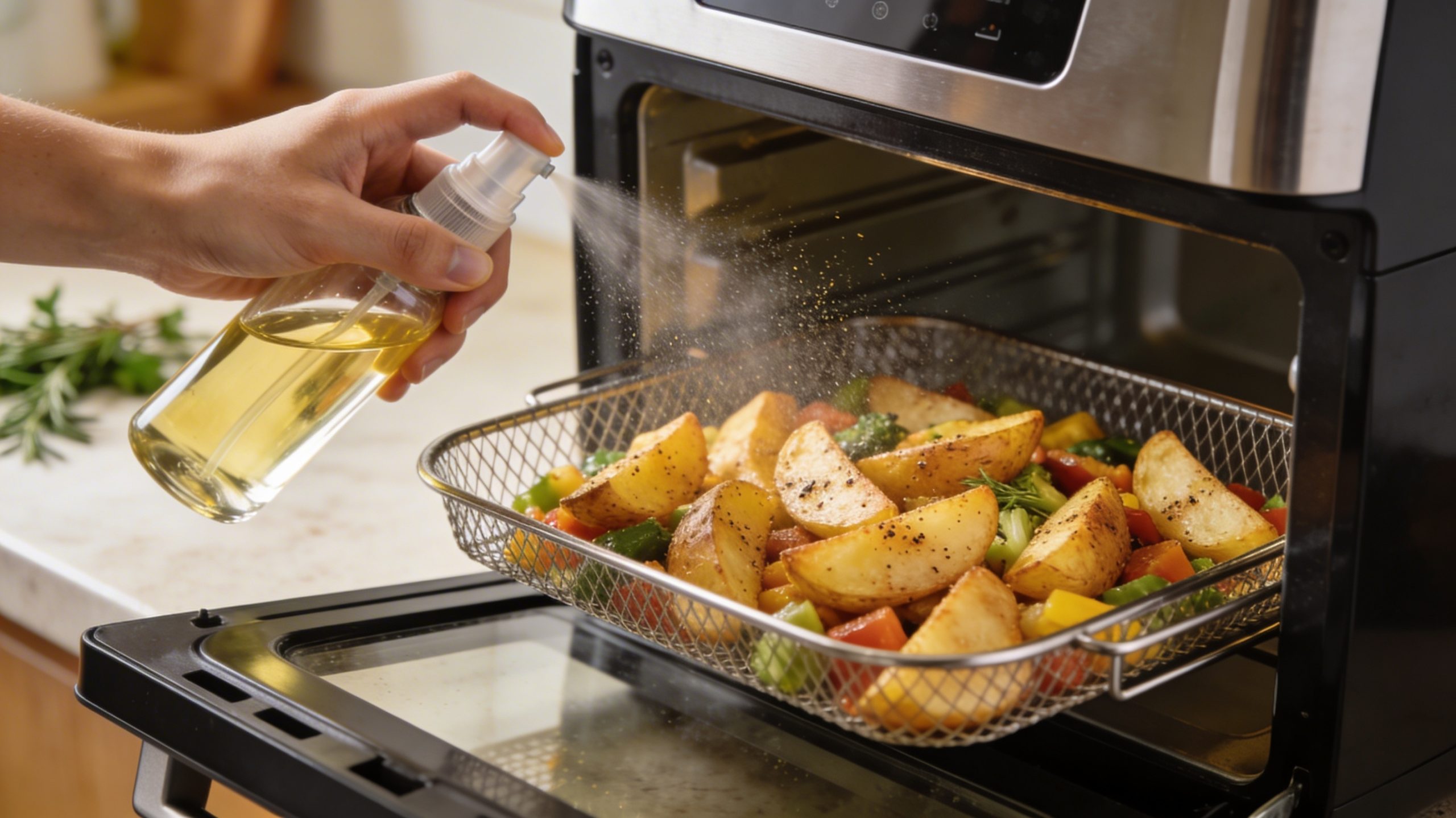 Oil spray bottle in action, lightly coating food in an air fryer basket for a crisp, golden finish