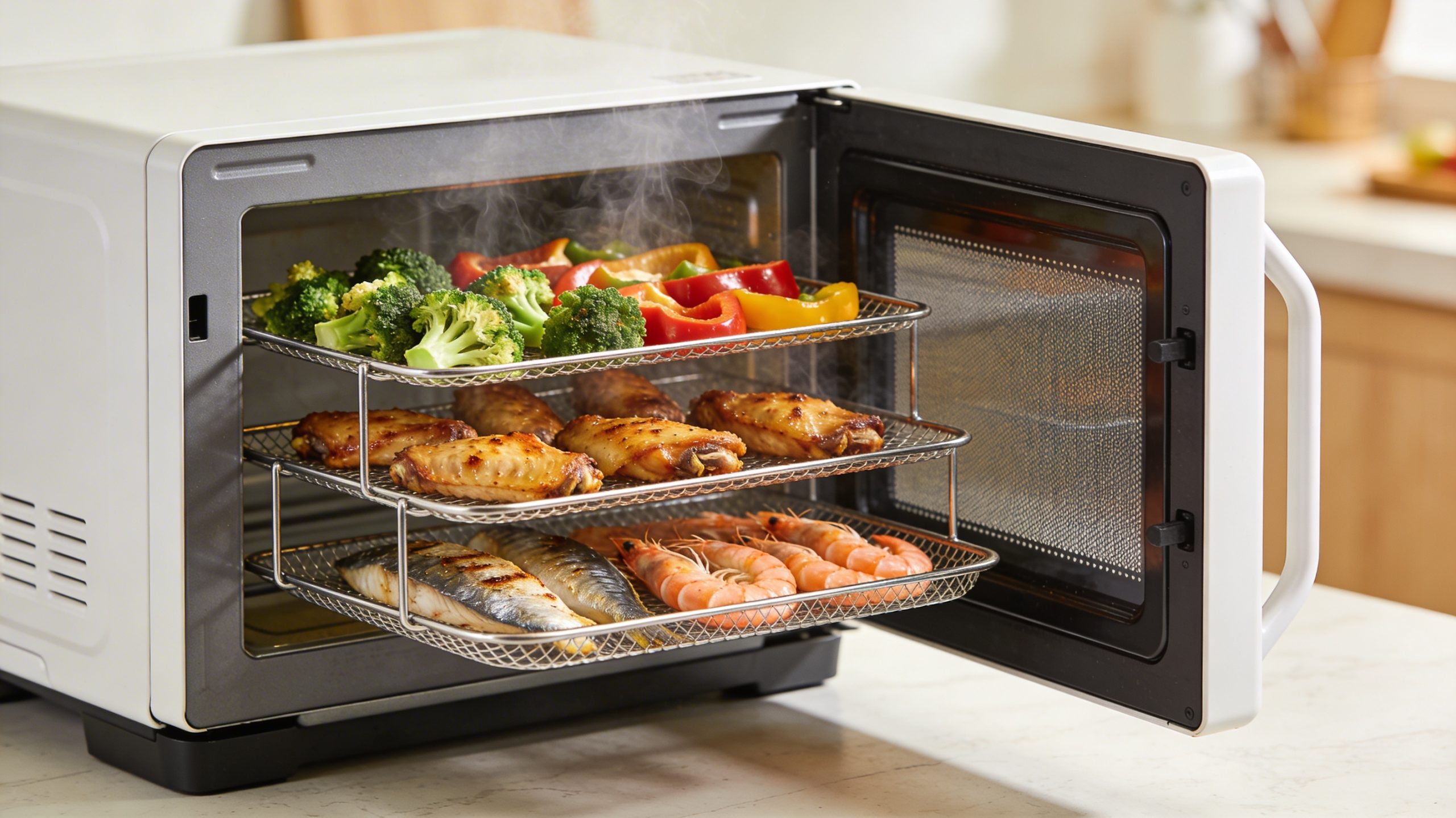 Rotisserie spit in an air fryer rotating a succulent chicken, ensuring even roasting and juicy results