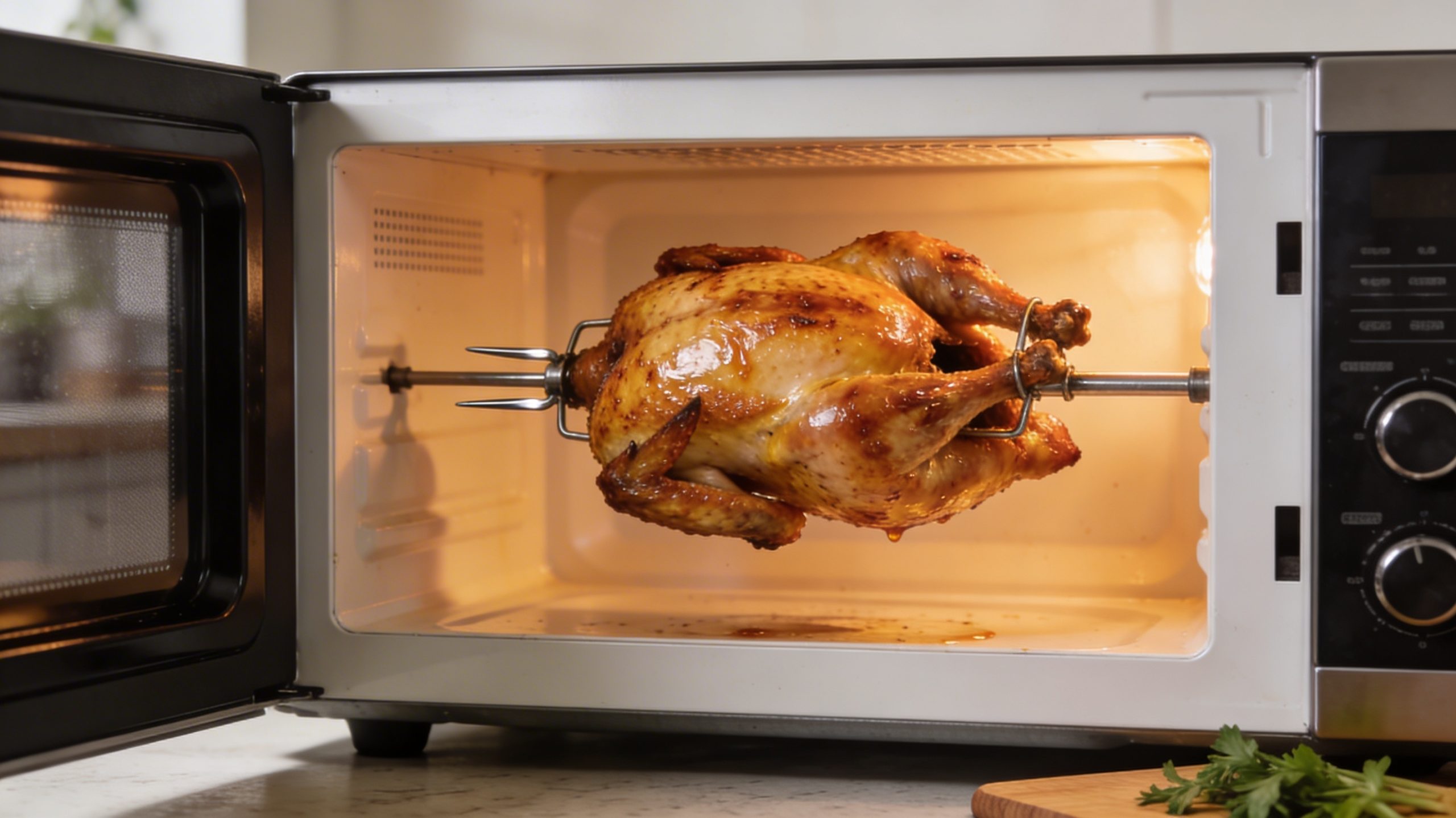 Rotisserie spit in an air fryer rotating a succulent chicken, ensuring even roasting and juicy results