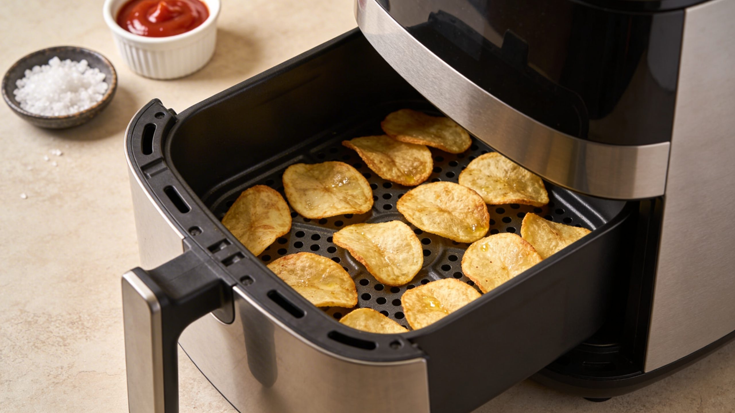 Perforated baking tray designed for air fryers, filled with evenly fried chips, ensuring optimal air circulation