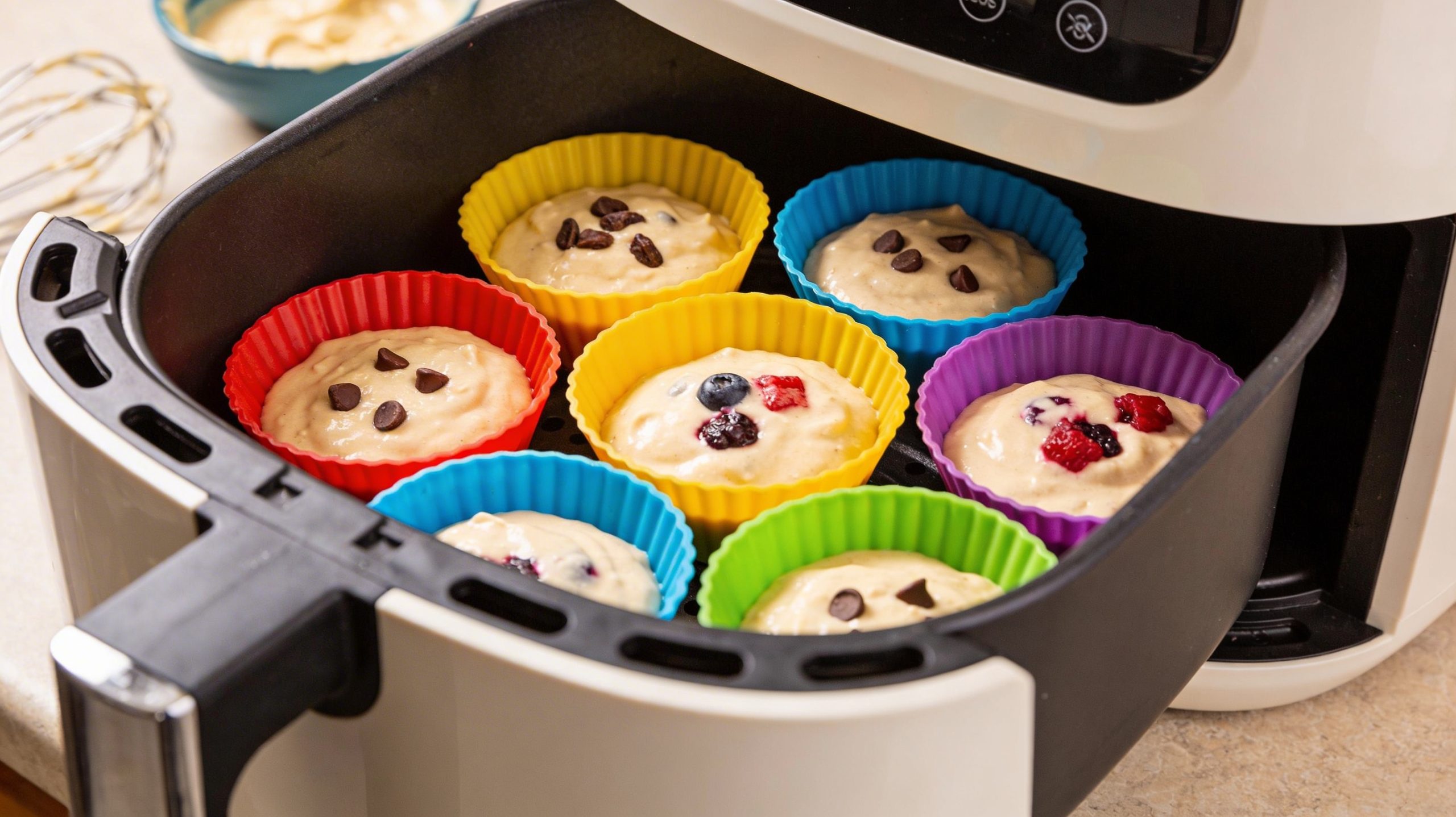 Colourful silicone muffin cups in an air fryer, filled with batter, ready to create delicious homemade muffins