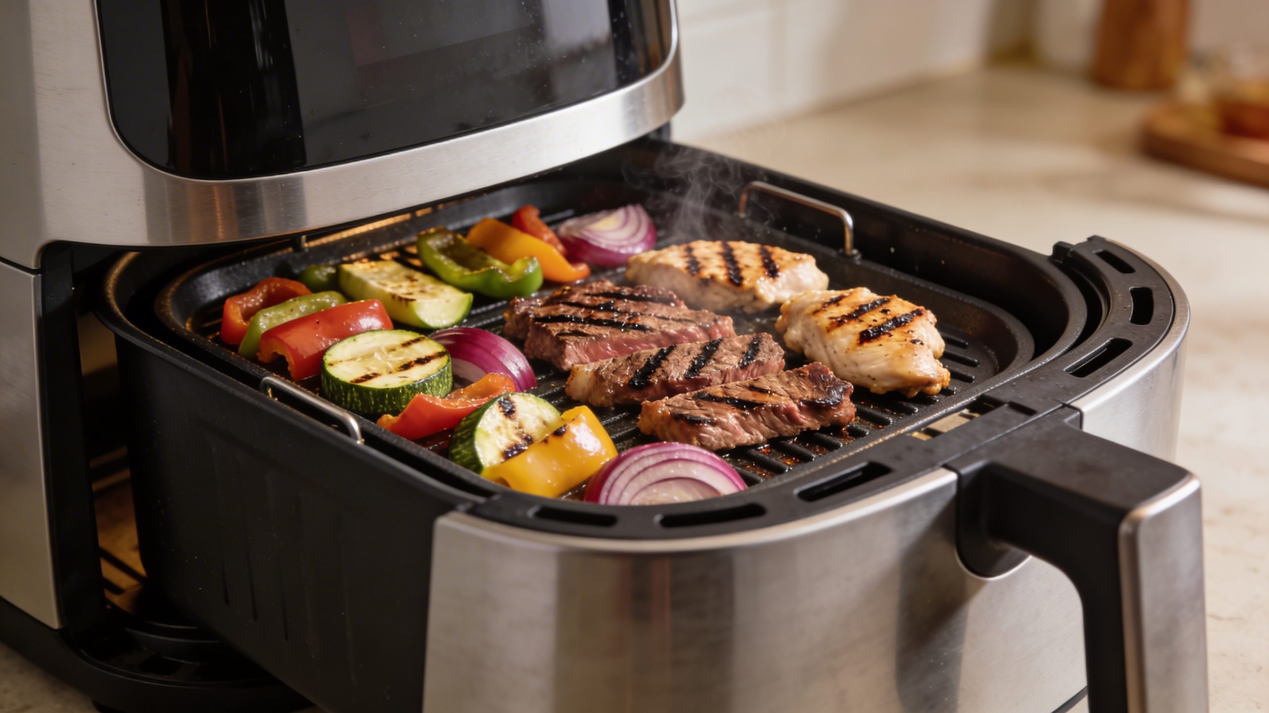 Grill pan in an air fryer, searing vegetables and meat to perfection with enticing grill marks