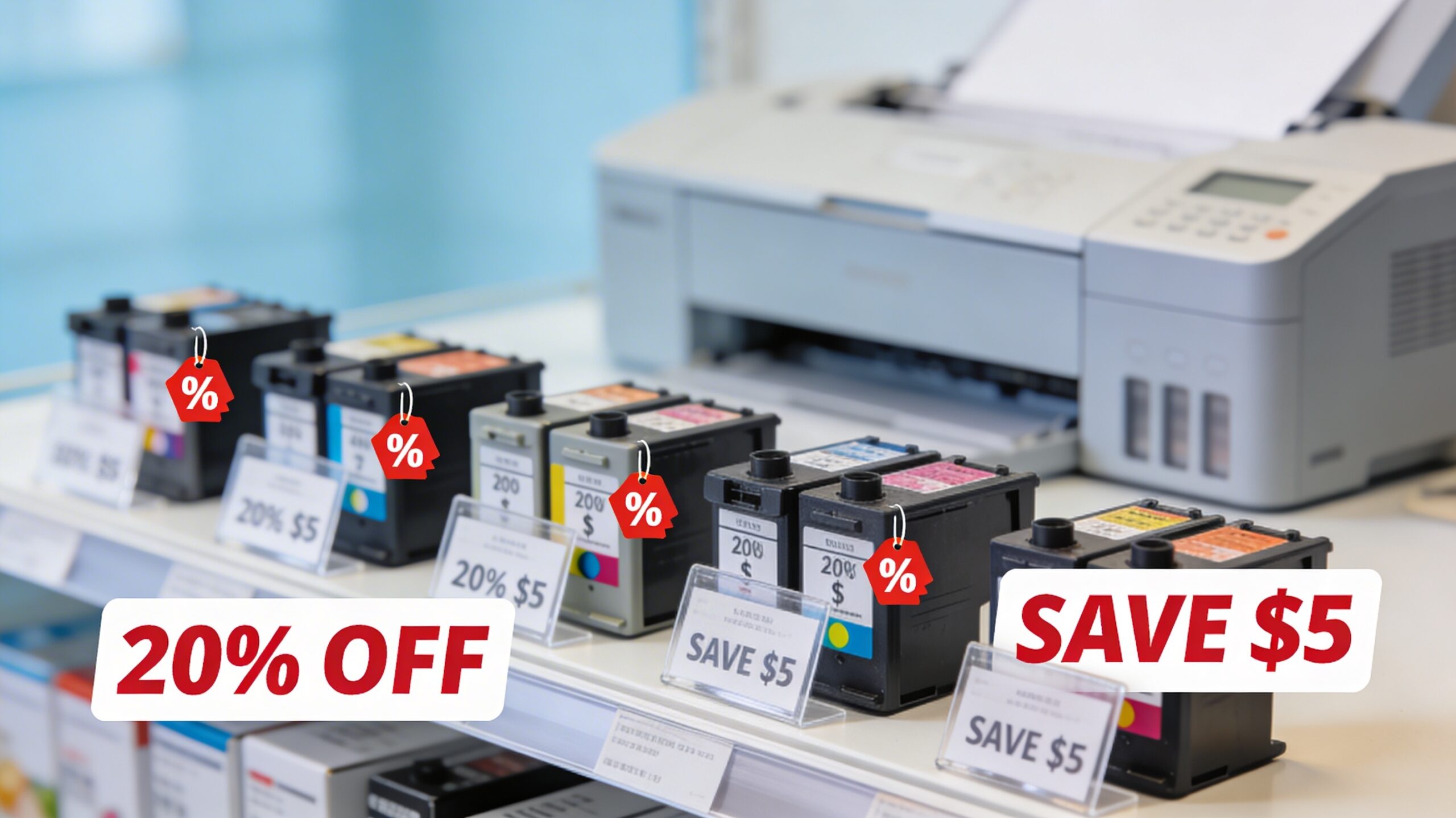 Side-by-side comparison of toner and ink cartridges with quality and pricing details